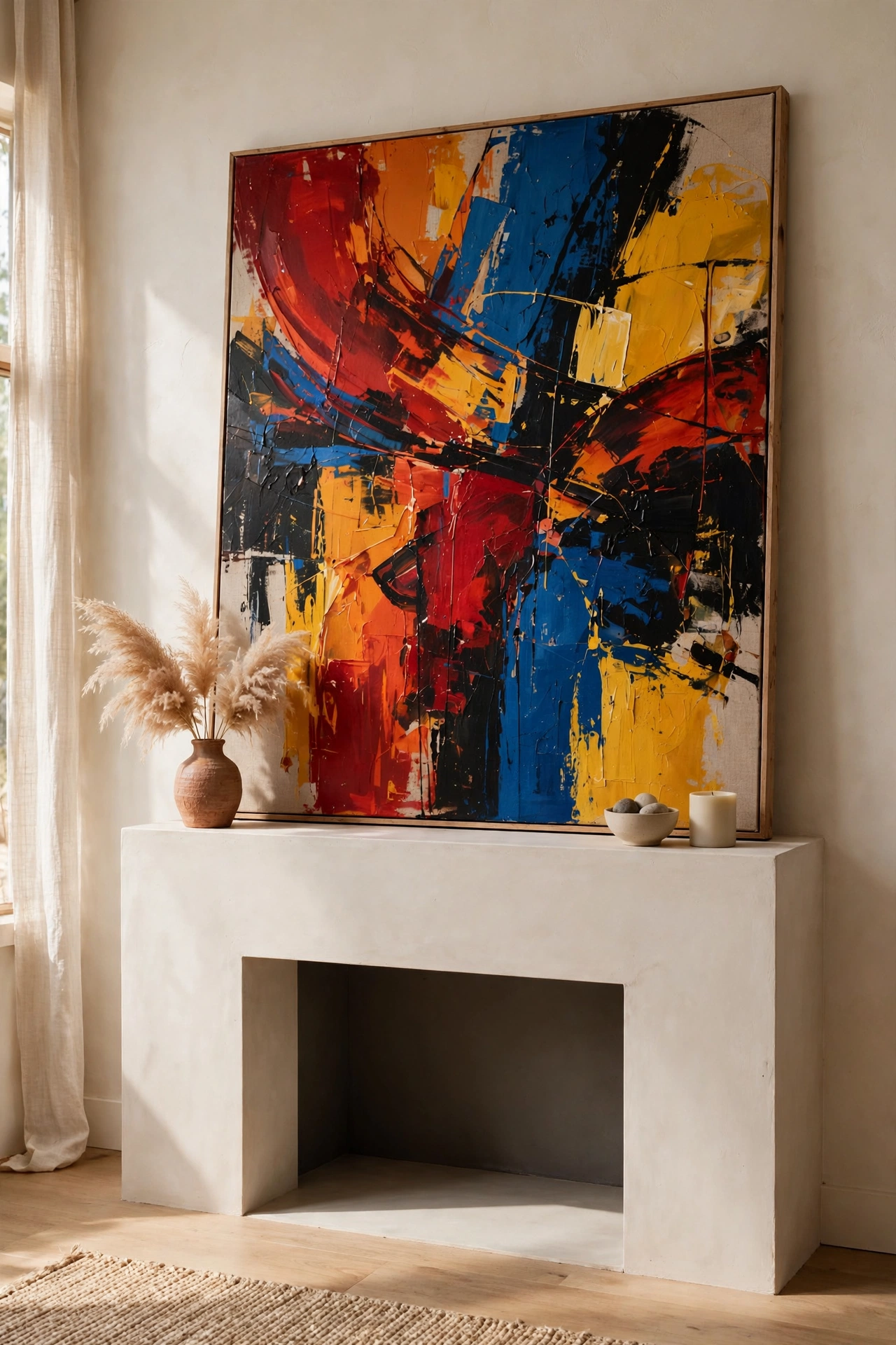 Single large abstract canvas leaned above a fireplace mantel as statement art