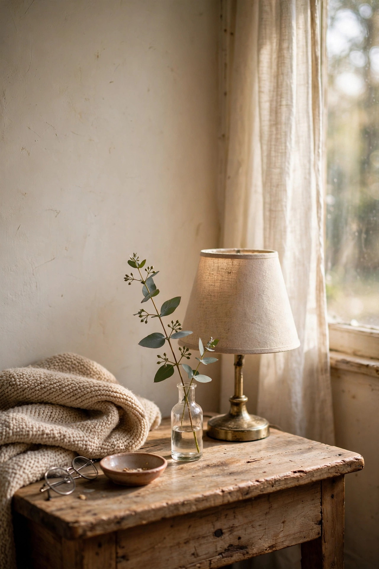 Single eucalyptus stem in small glass bud vase on nightstand
