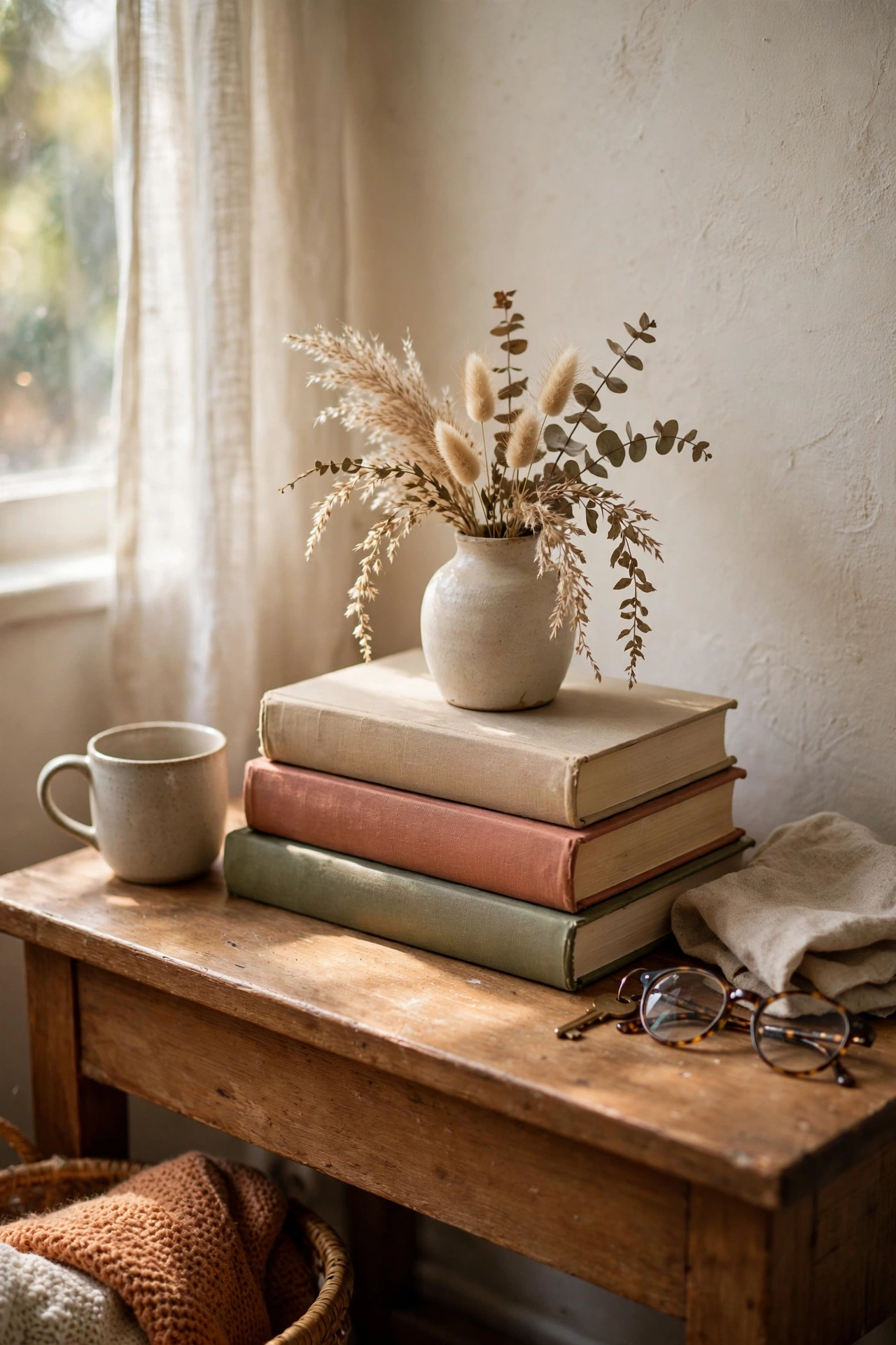 Stack of three hardback books as riser under small vase