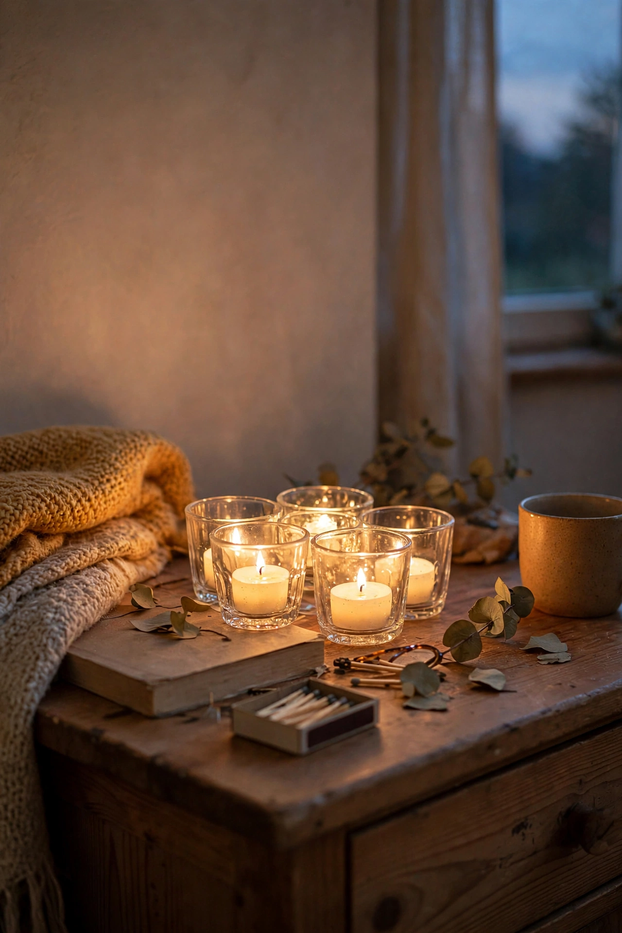 Cluster of glass tea light holders glowing on nightstand