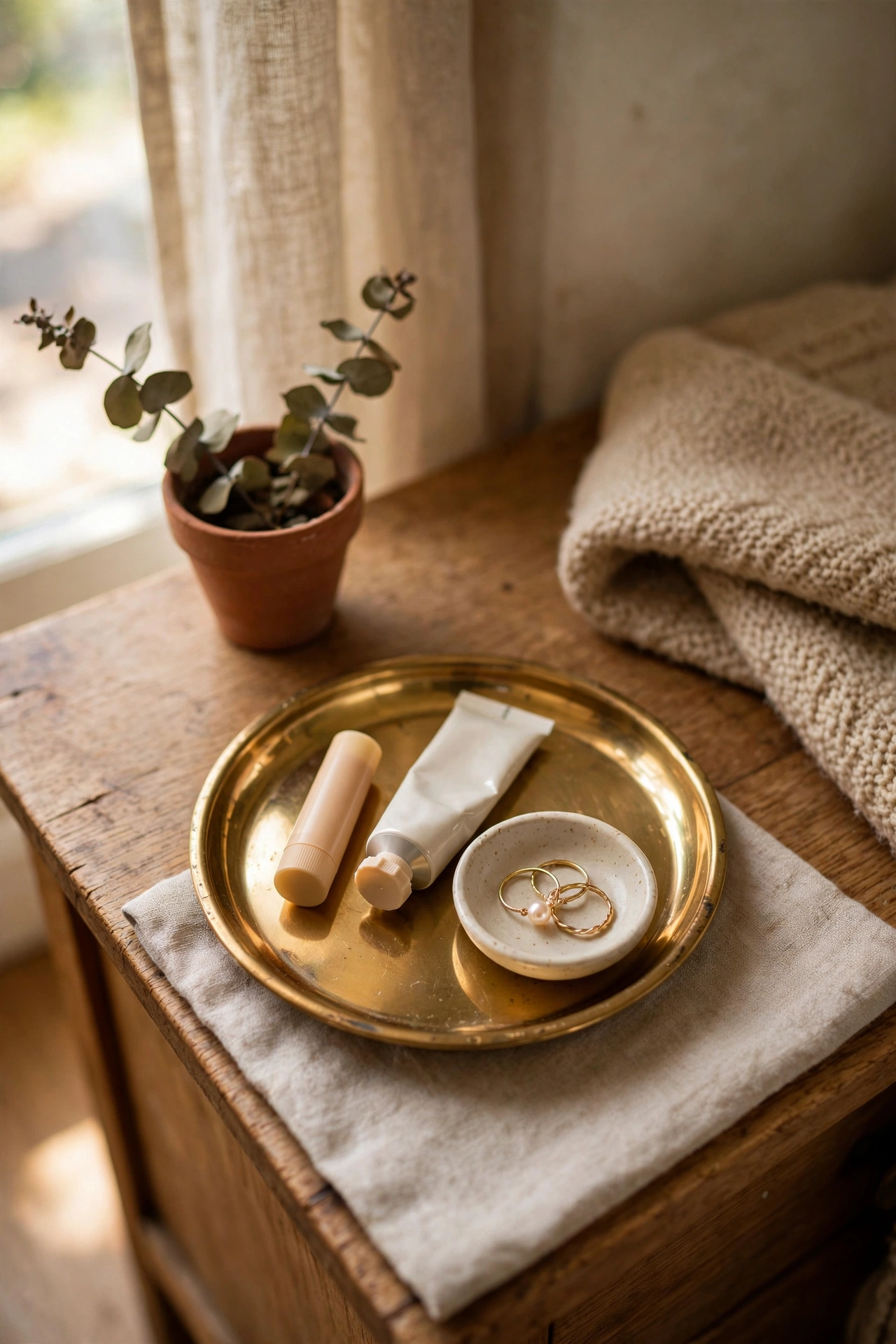 Tarnished brass tray holding lip balm and ring dish on nightstand