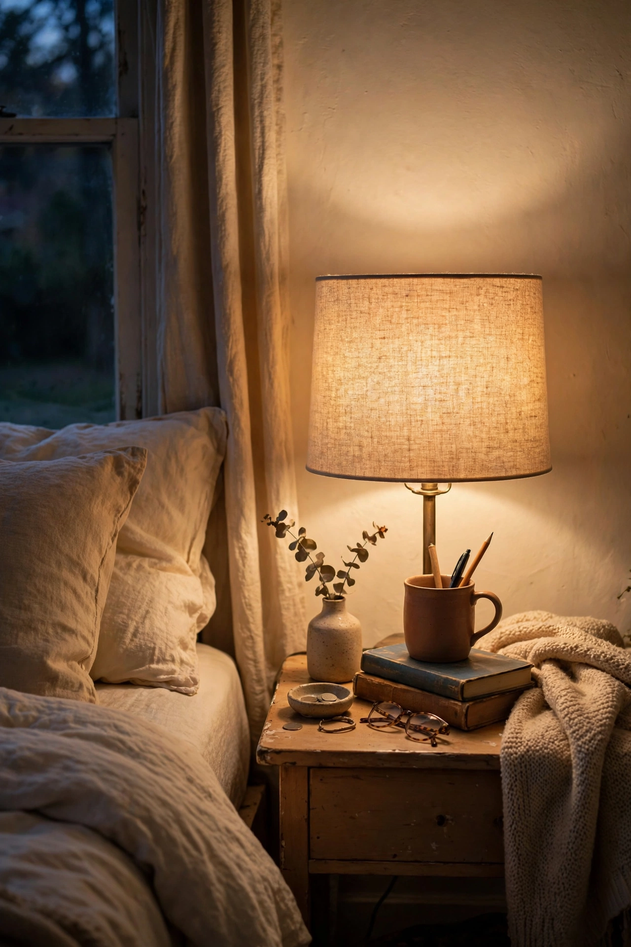 Bedside lamp with new natural linen drum shade