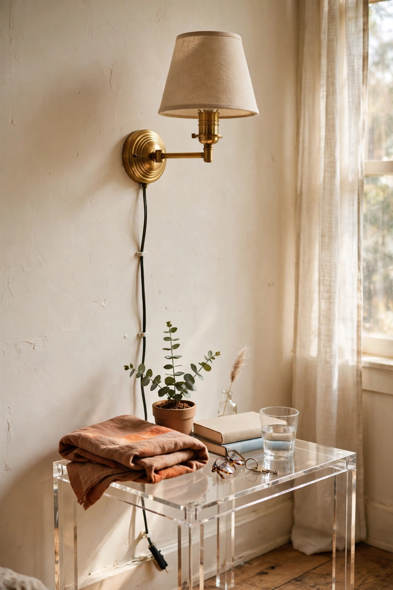 Brass plug-in wall sconce mounted above nightstand