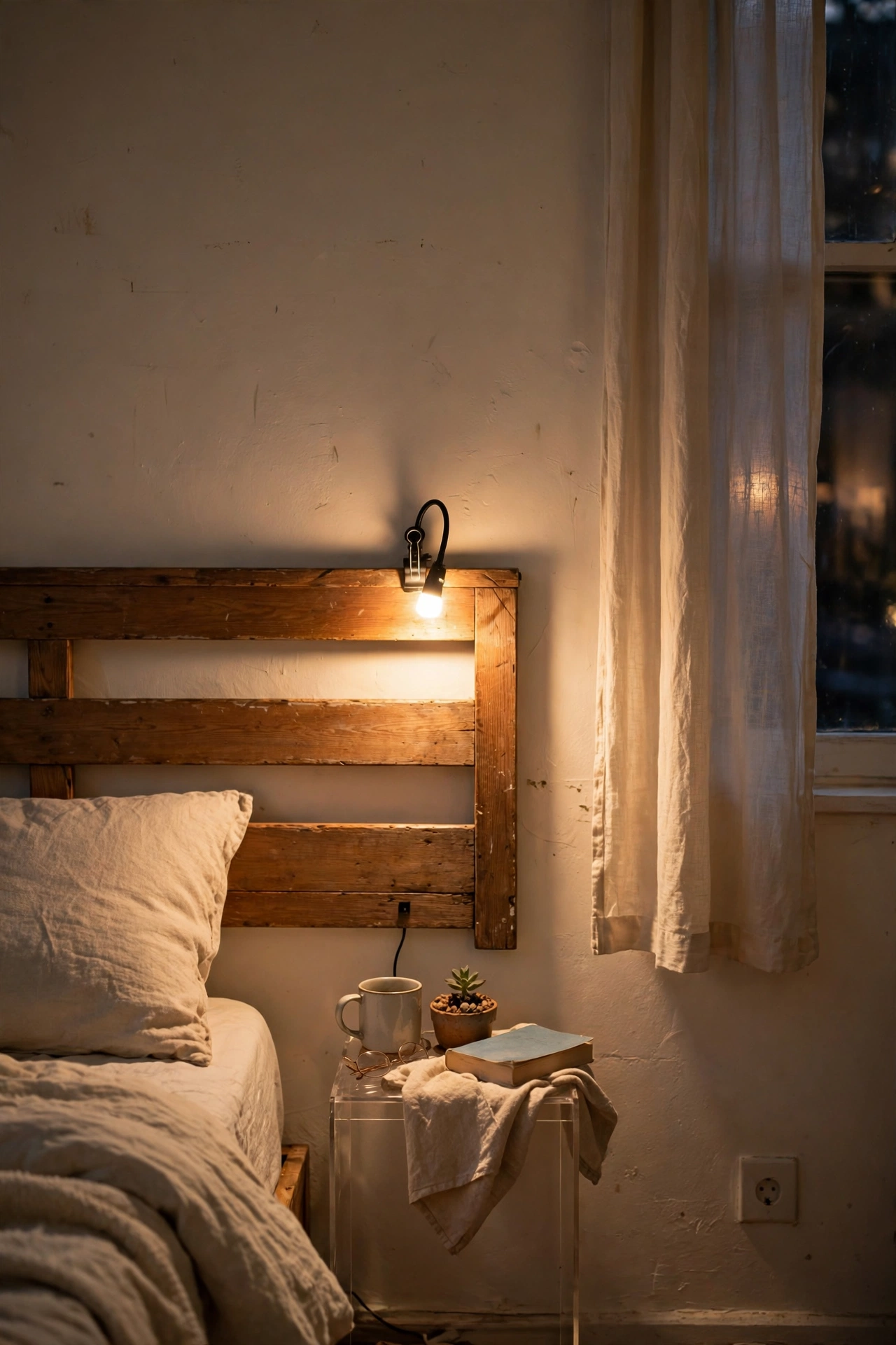 Clip-on warm reading light attached to headboard