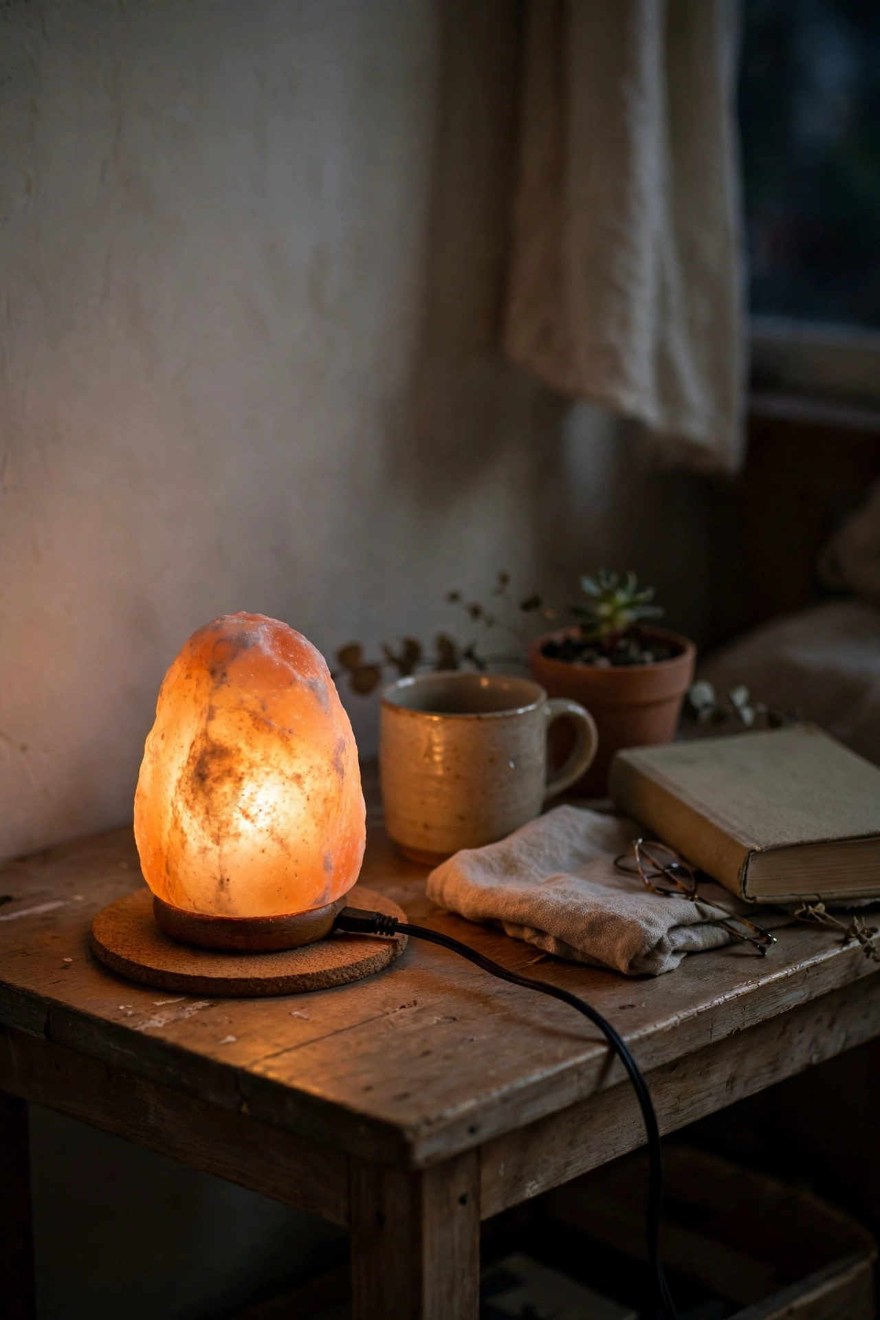 Small Himalayan salt lamp glowing amber on nightstand