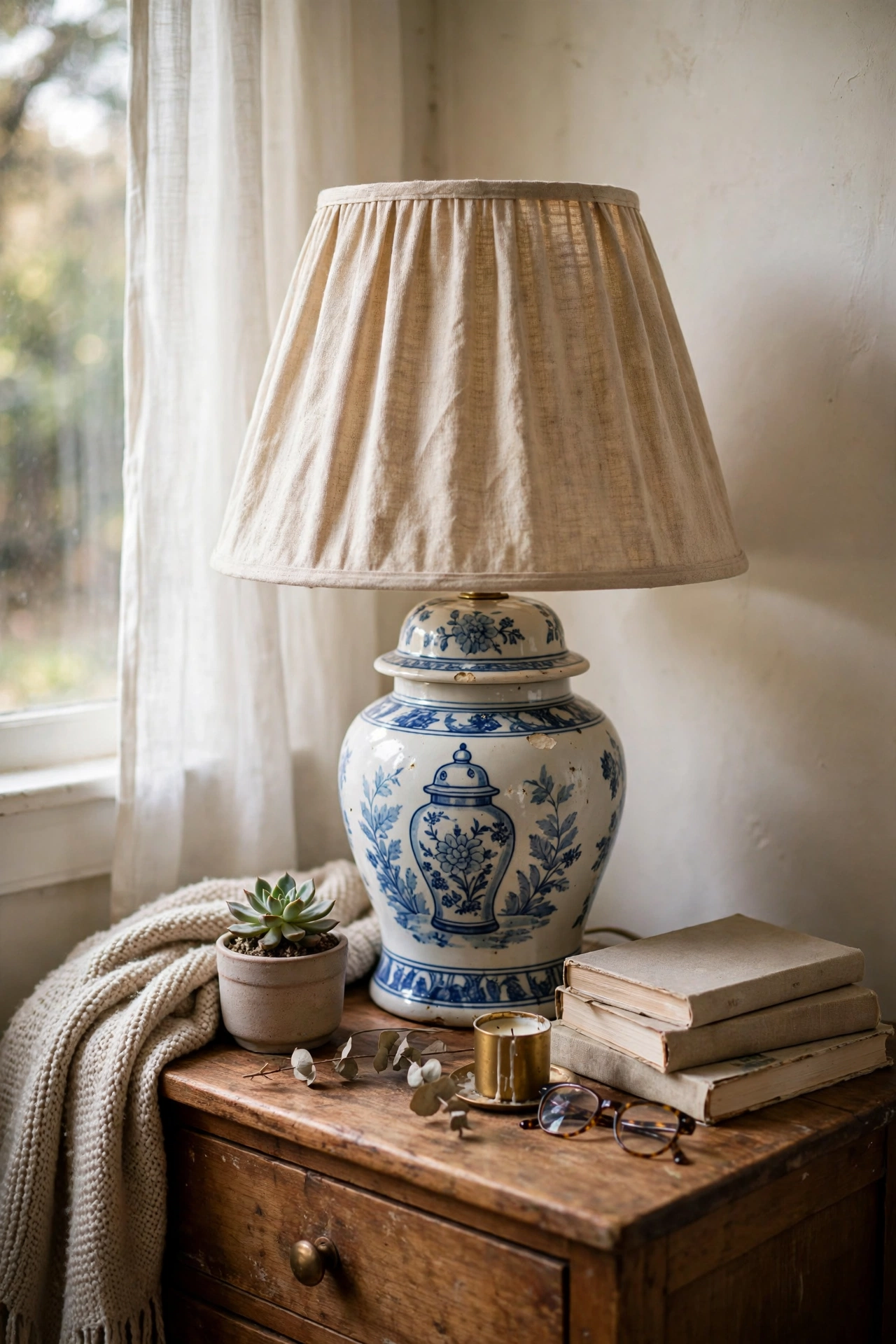 Thrifted ceramic ginger-jar lamp base with new linen shade