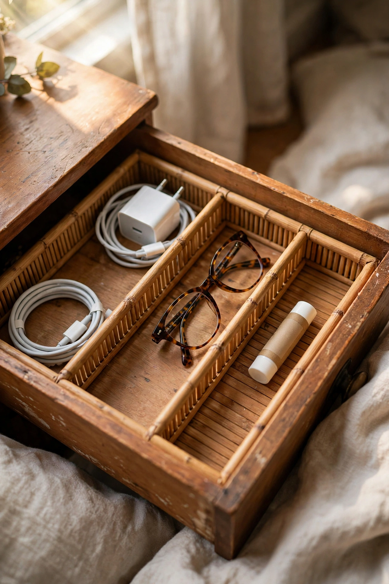 Nightstand drawer fitted with bamboo dividers organising items