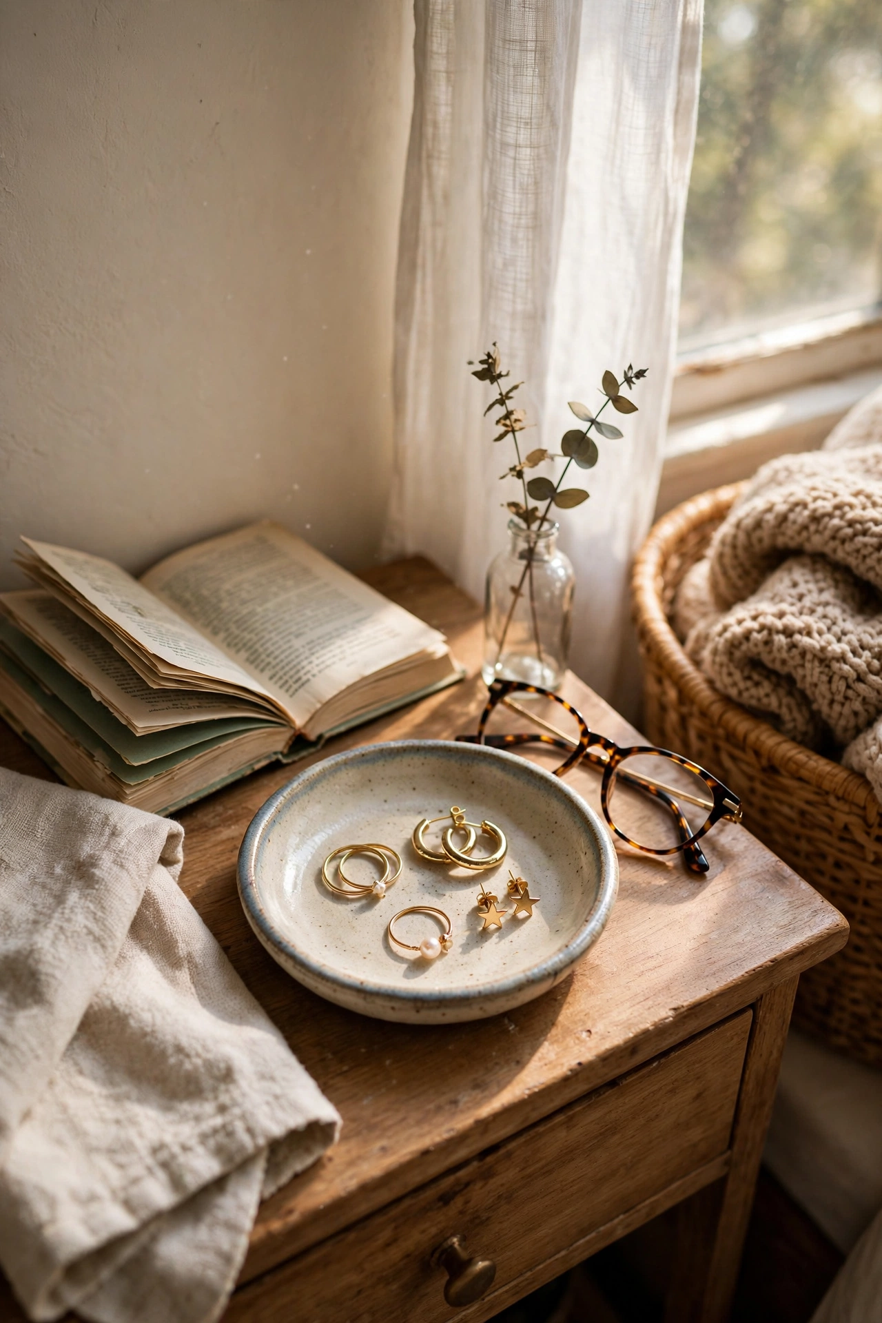 Small ceramic catch-all dish holding rings on nightstand