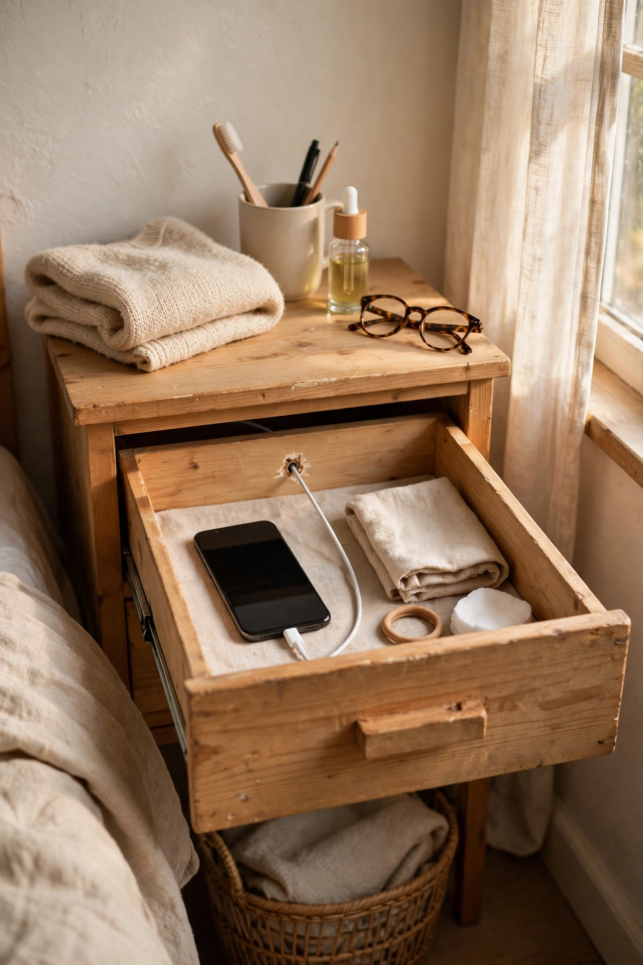Nightstand drawer open showing phone charging via hidden cable hole