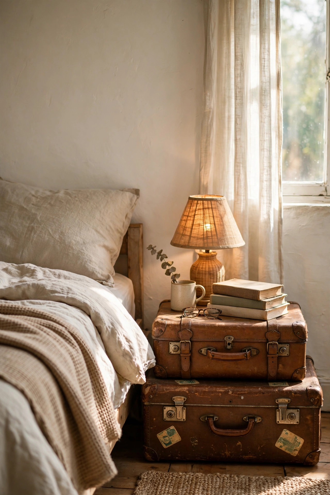 Two stacked vintage suitcases used as nightstand with lamp