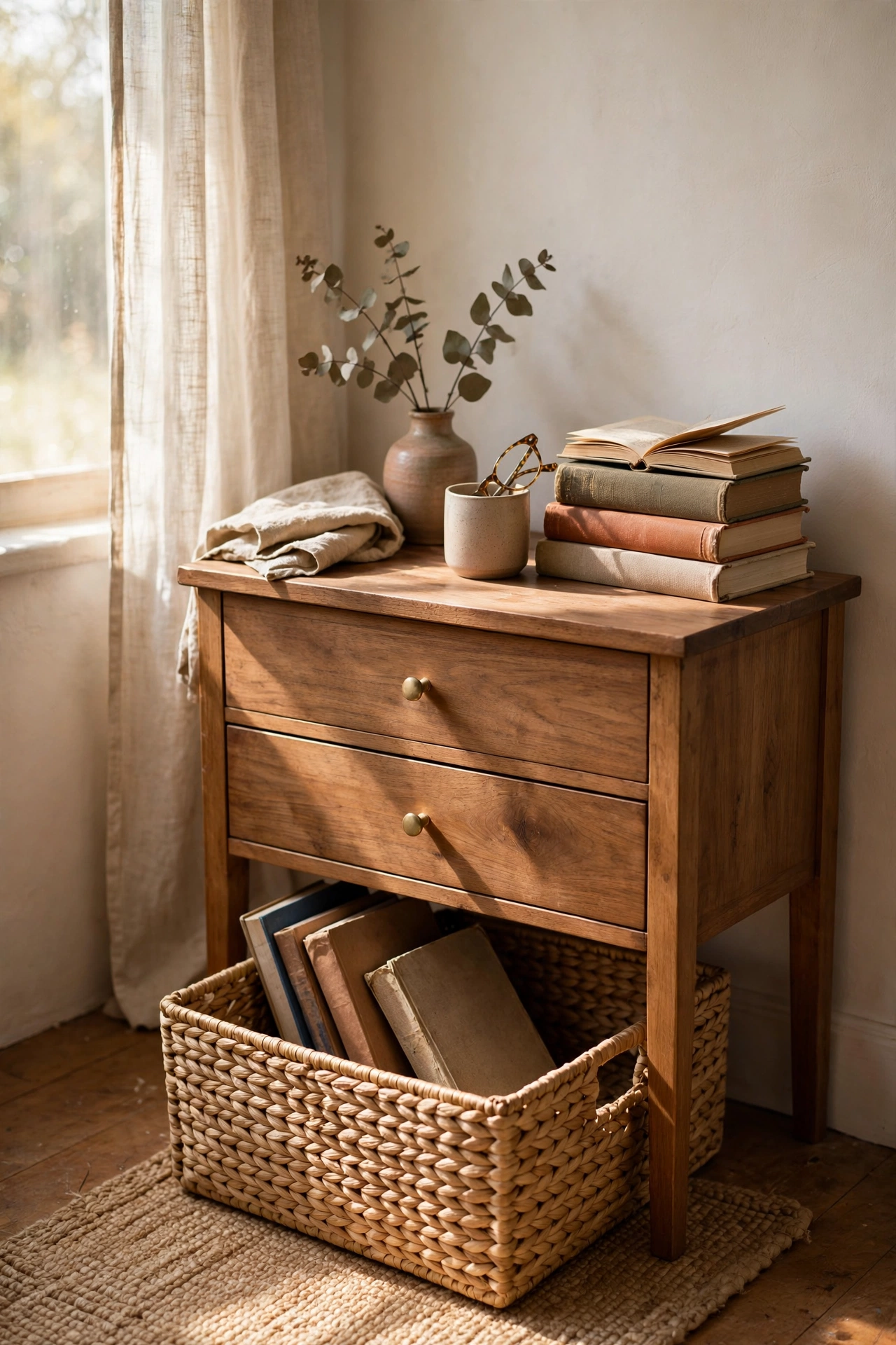 Flat woven seagrass basket slid under nightstand