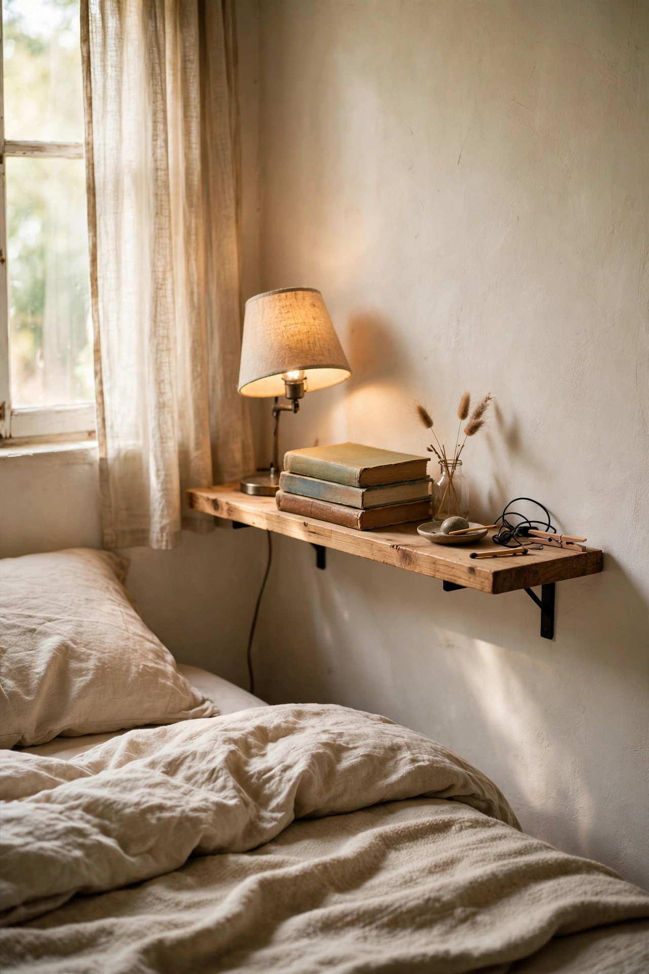 Wall-mounted oak shelf as floating nightstand at mattress height