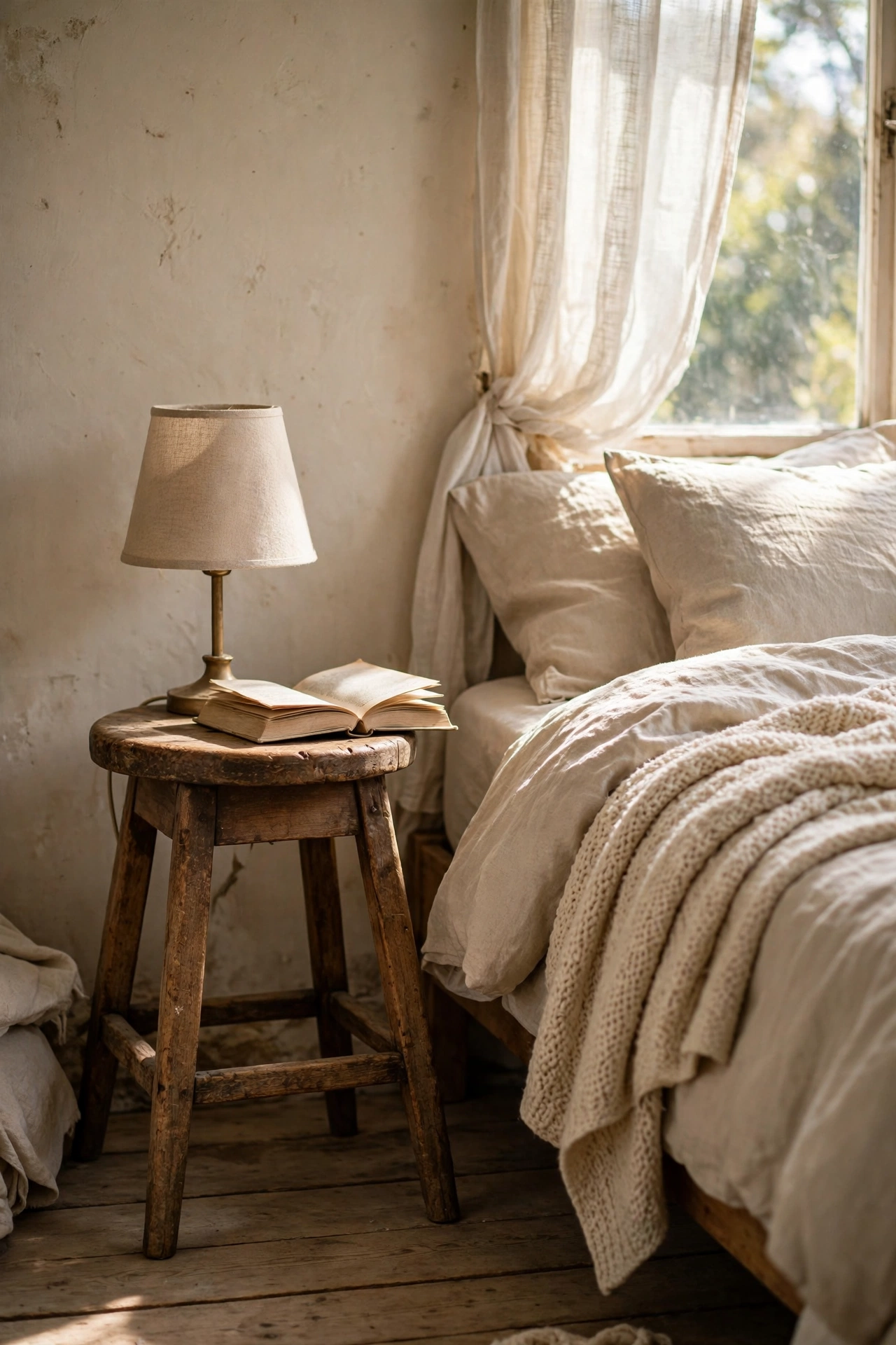 Sturdy vintage wooden stool used as nightstand beside bed