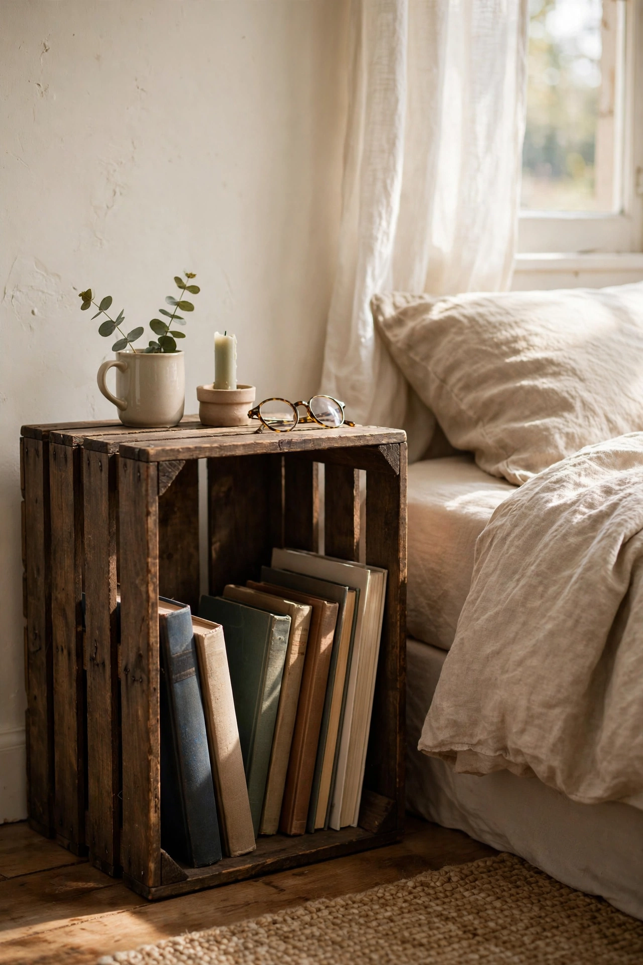 Wooden crate on its side as nightstand with books in cubby