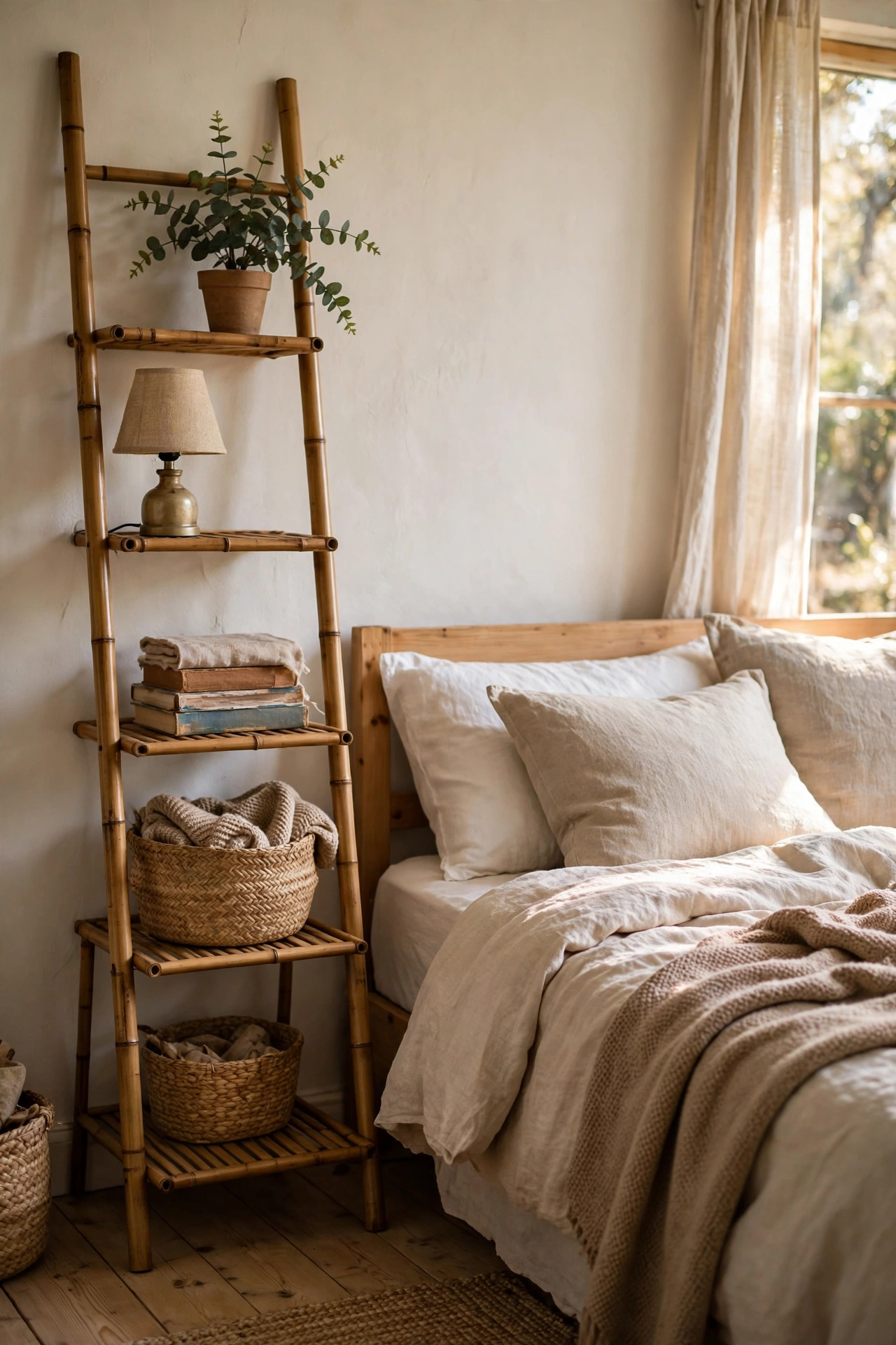 Narrow bamboo ladder shelf styled beside bed with lamp and plant