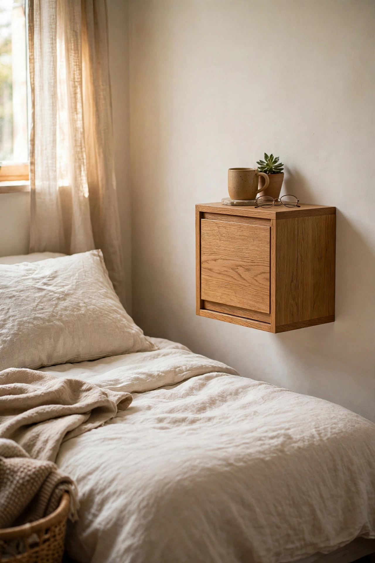 Wall-mounted cube nightstand with flip-down front, closed
