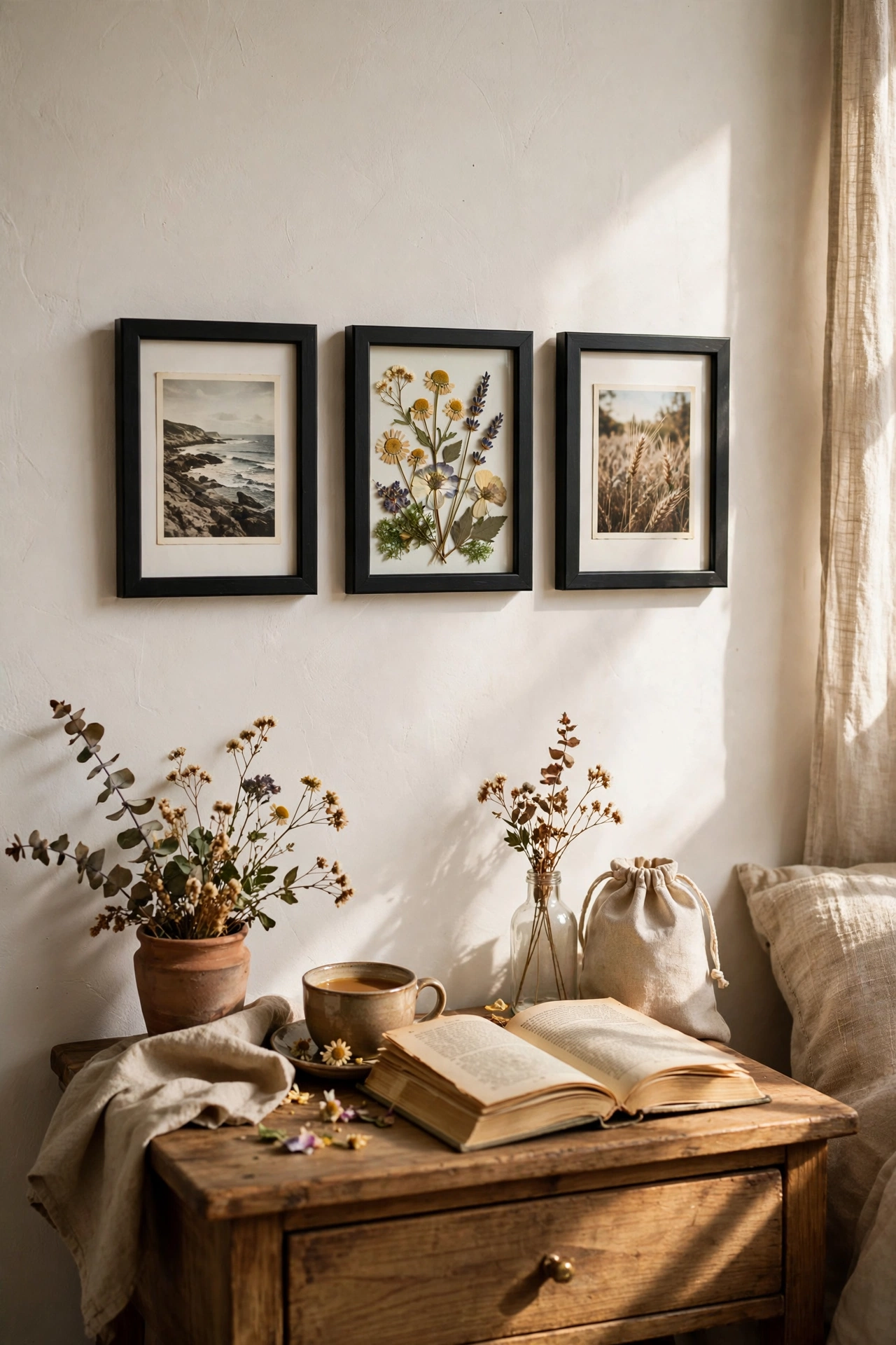 Tight cluster of three small matching frames above nightstand