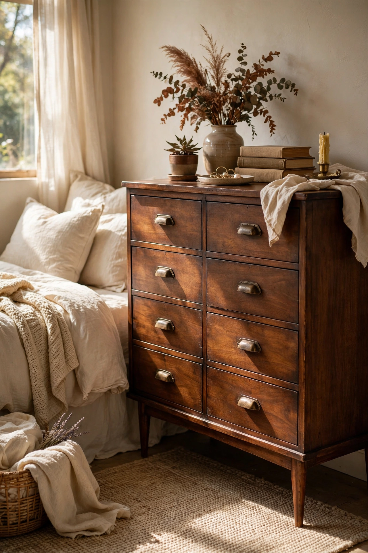 Thrifted wooden dresser with tapered legs in a bedroom