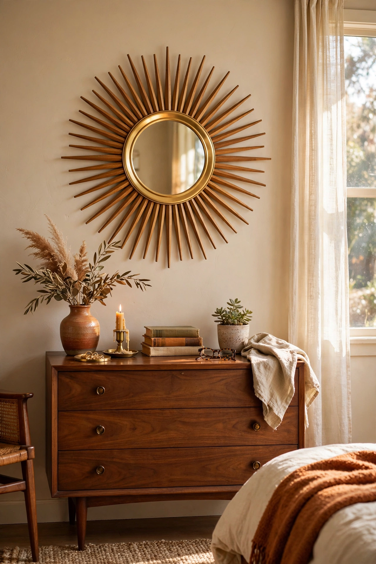 Gold starburst mirror hanging above a dresser