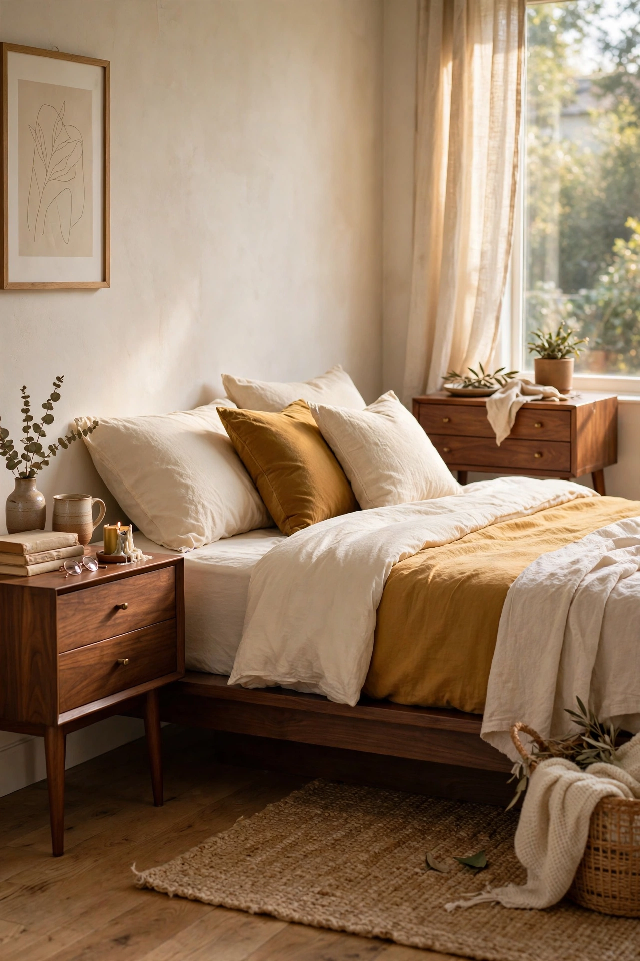 Low-profile walnut platform bed frame in bedroom