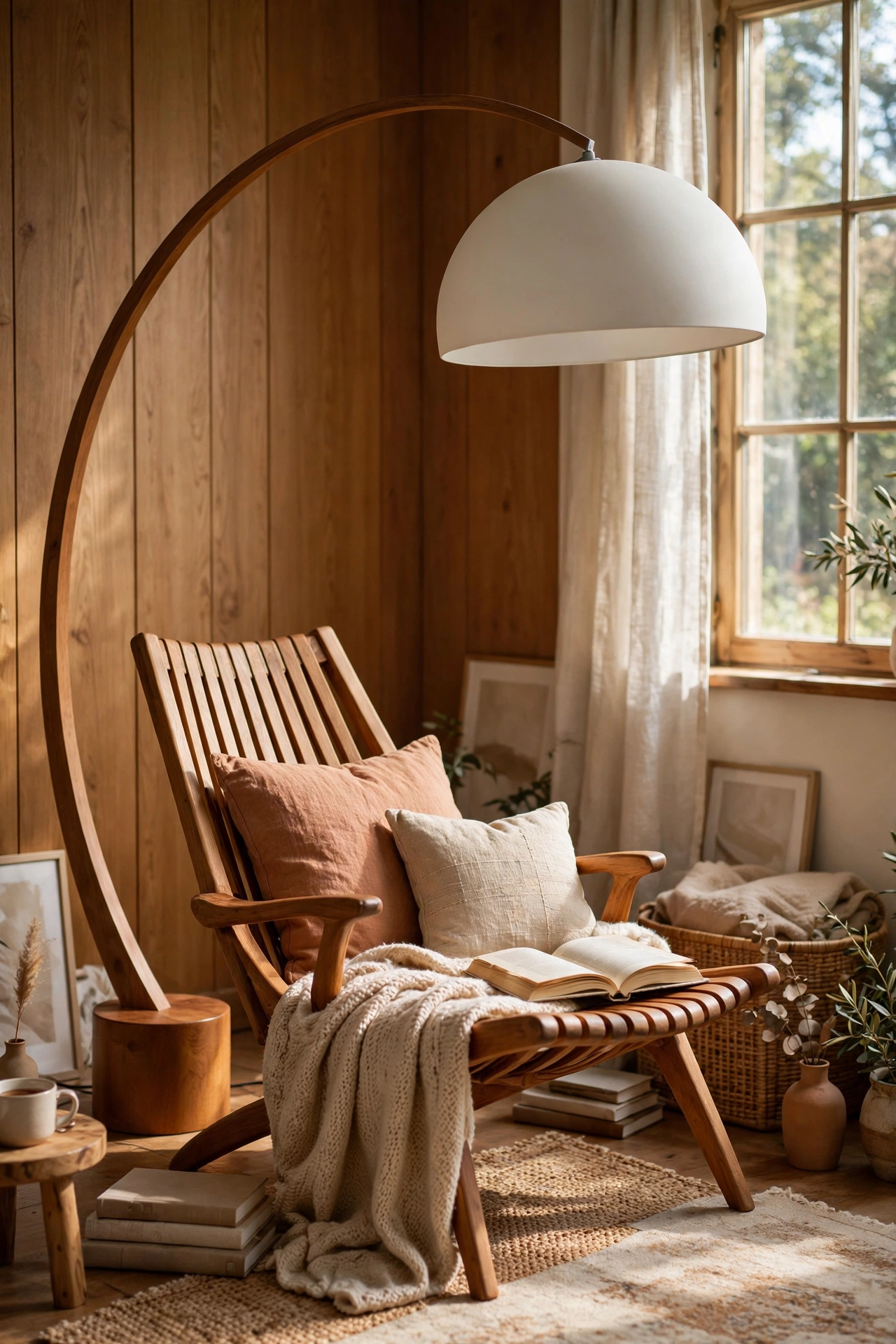 Arc floor lamp with dome shade over bedroom chair