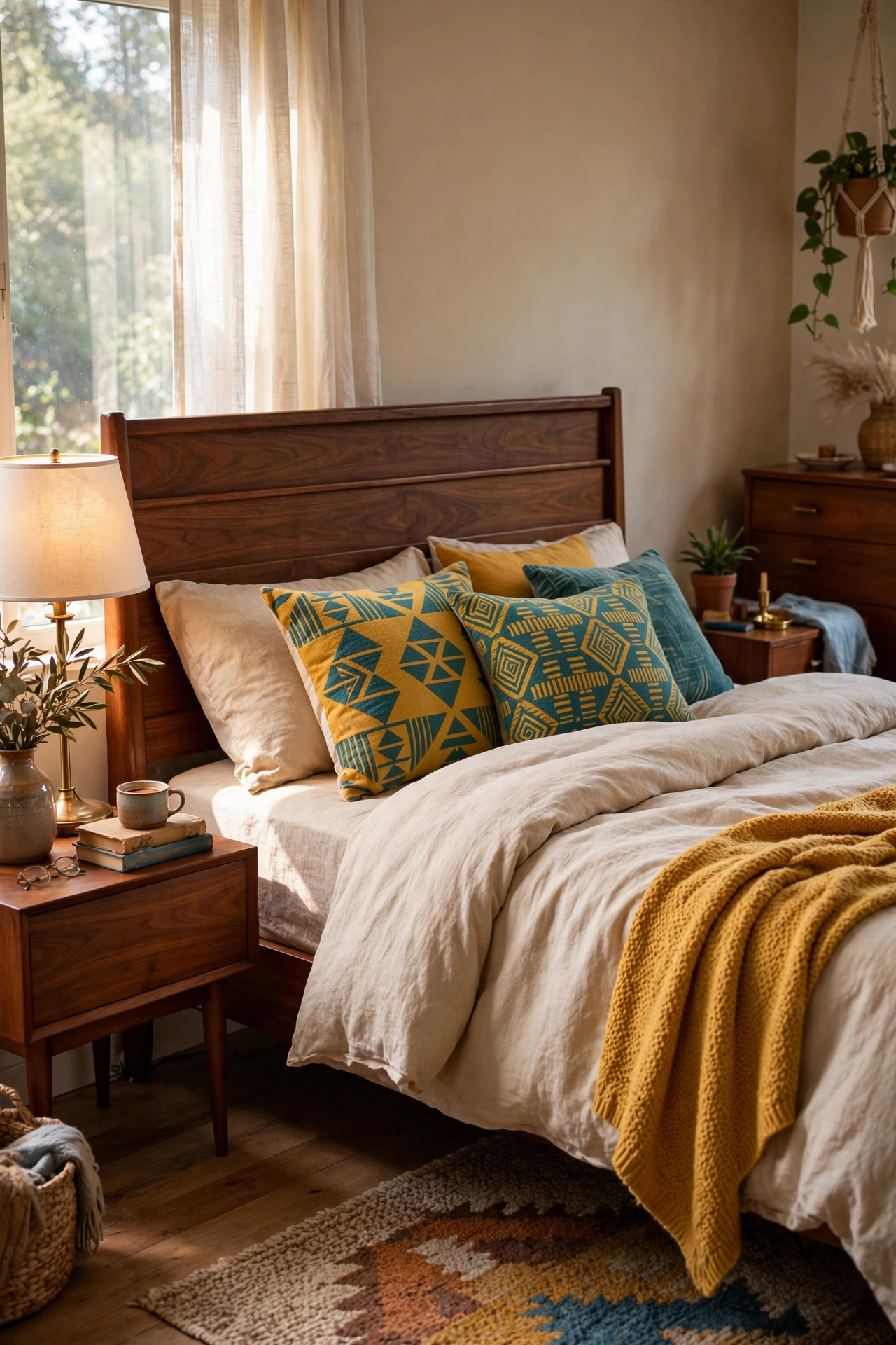 Mustard and teal geometric throw pillows on bed
