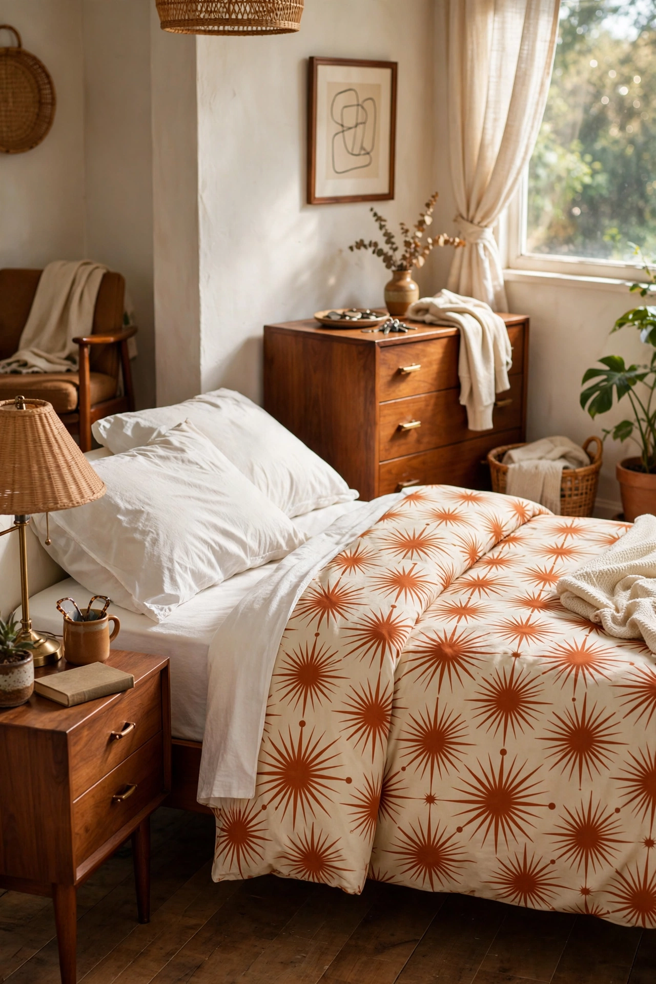 Bed with atomic starburst print duvet cover