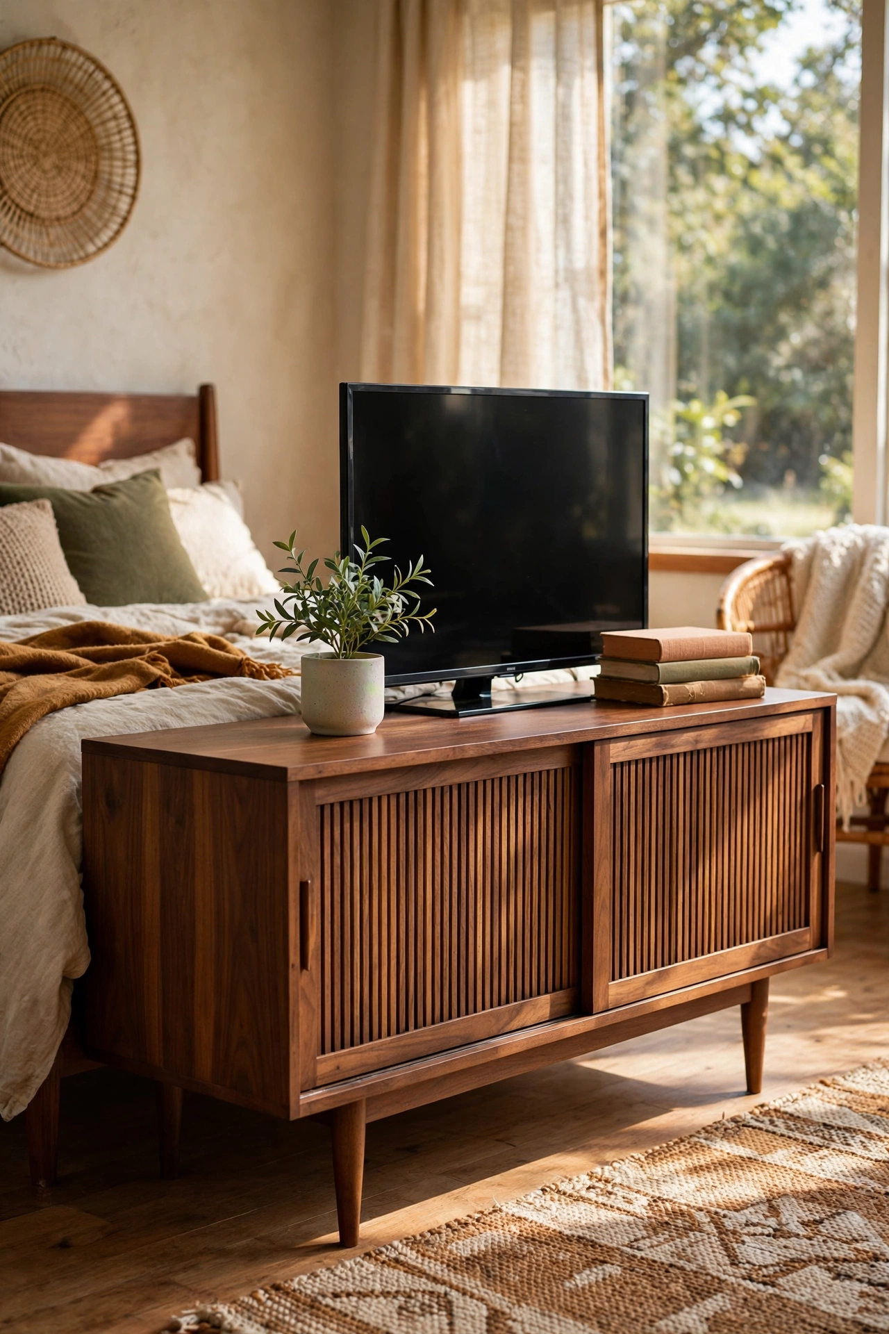 Mid-century credenza used as TV stand in bedroom