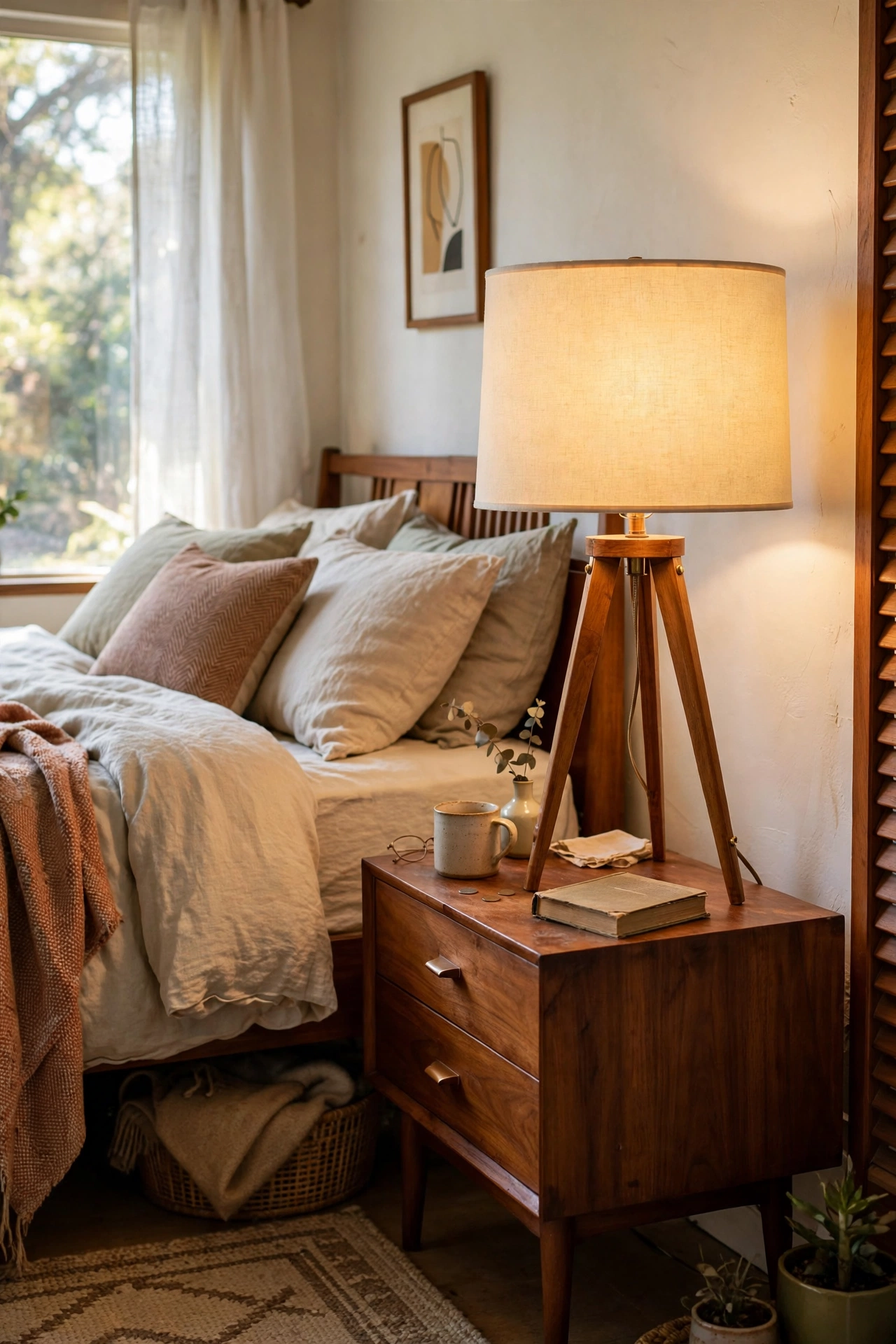 Tripod table lamp with drum shade on nightstand