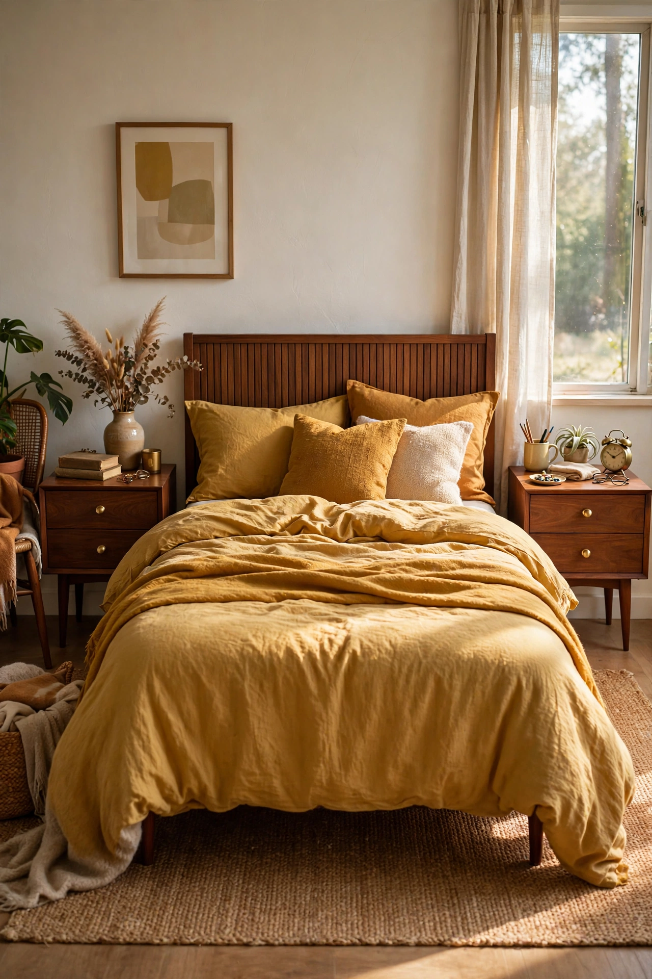Matching tapered-leg nightstands on both sides of bed