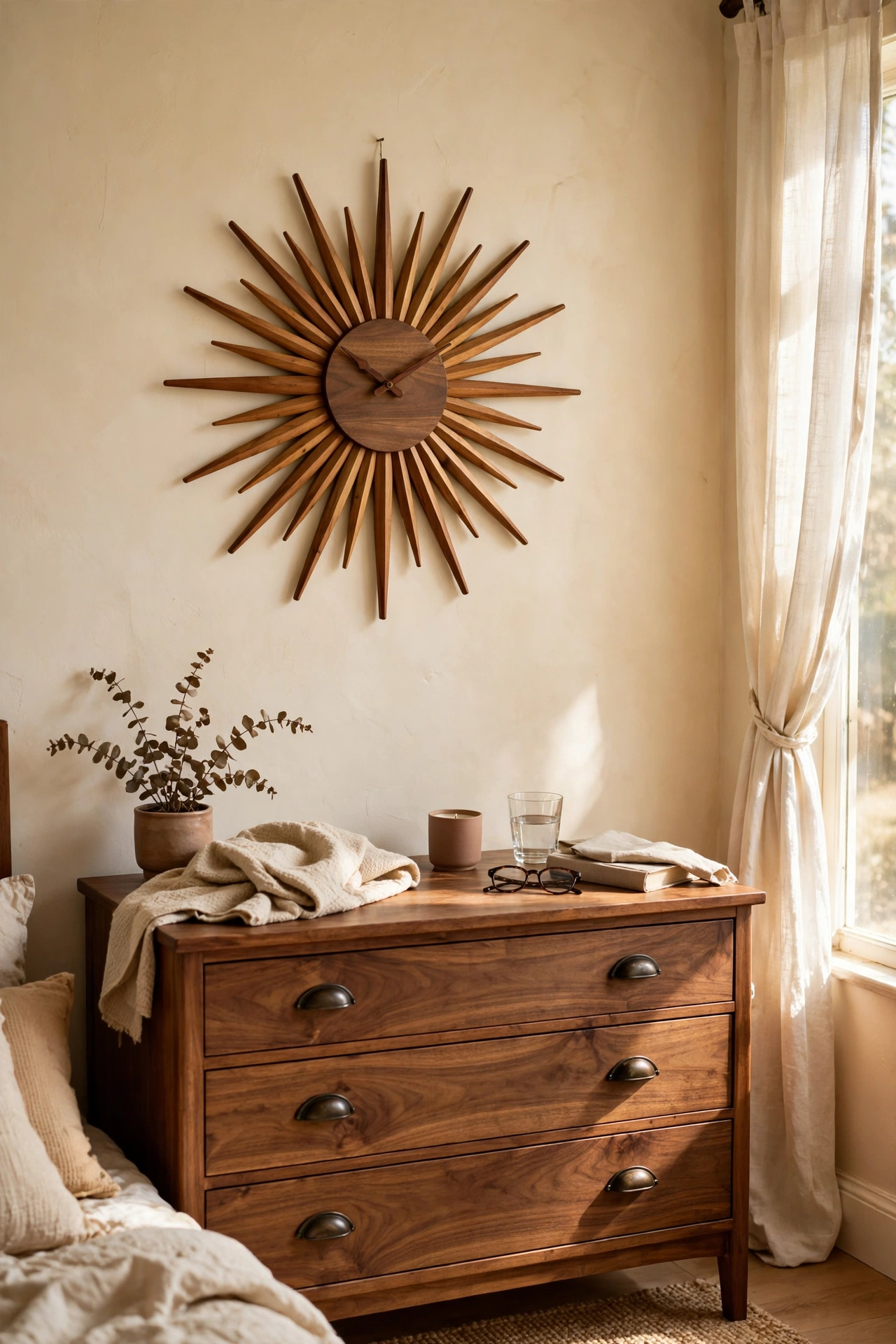 Sunburst wall clock on a bedroom wall
