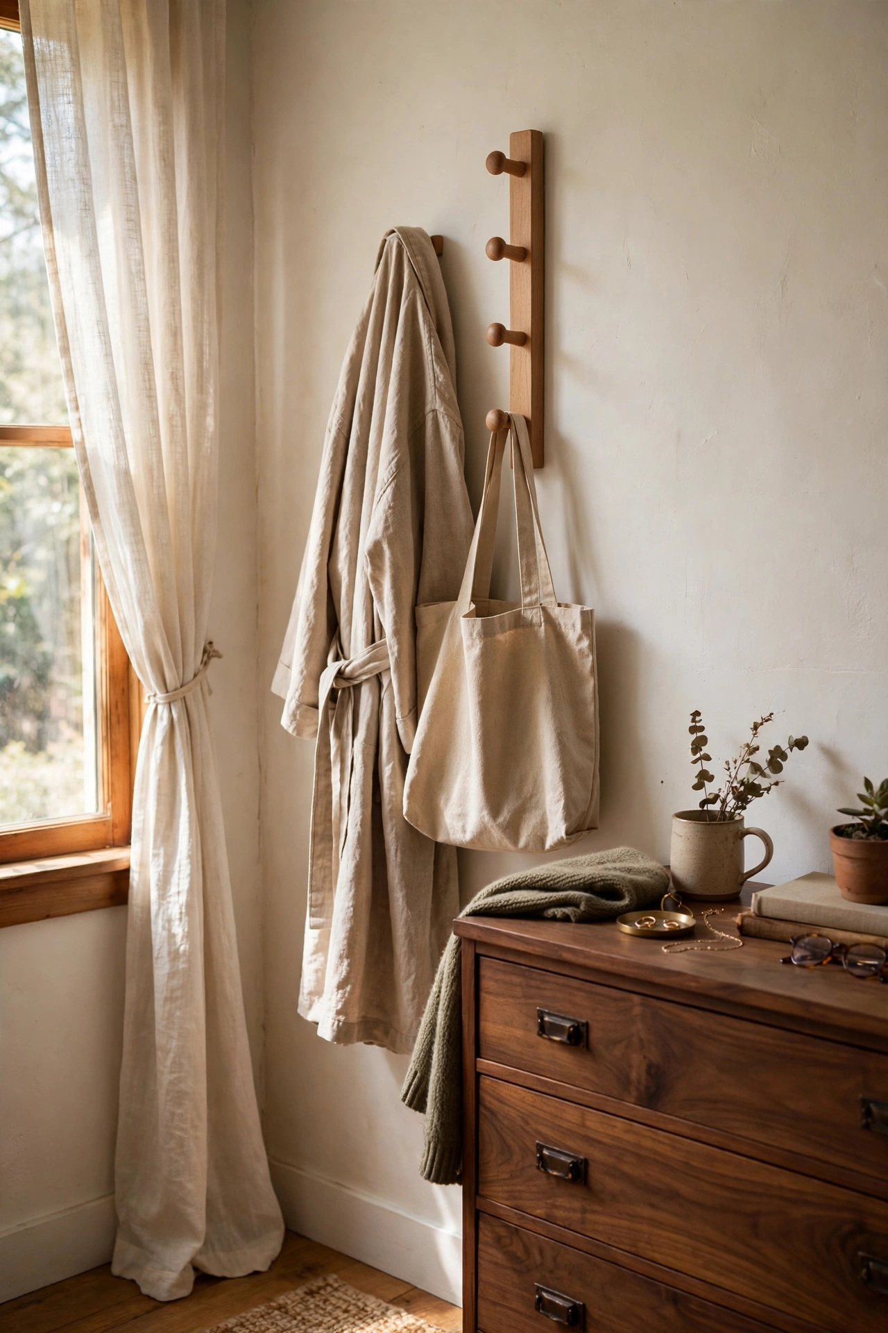 Danish-style wooden coat rack with rounded pegs
