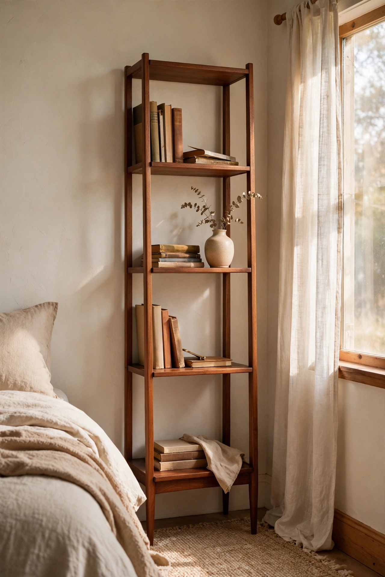 Slim tall wooden bookshelf with sparse styling