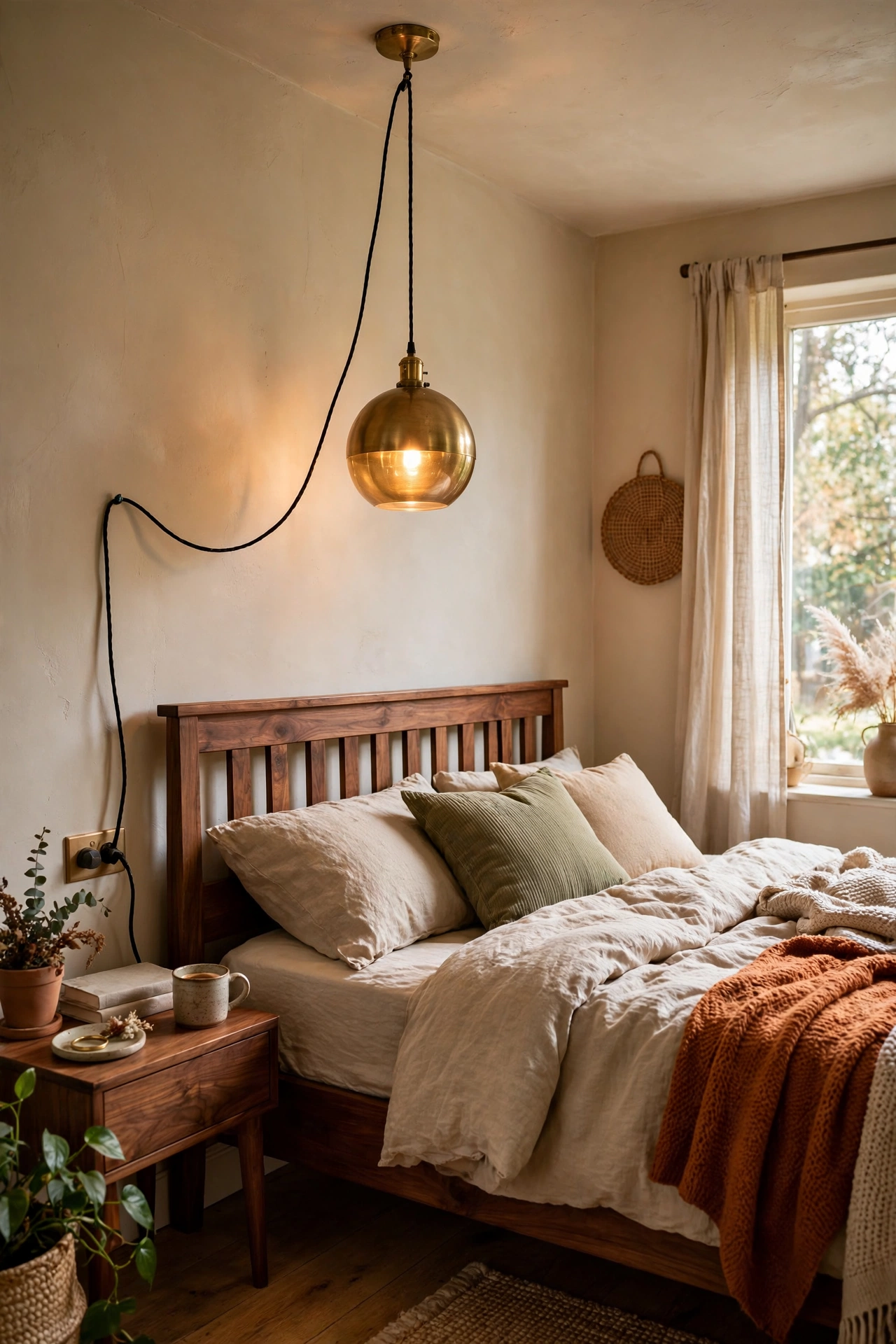 Brass globe pendant light hanging in bedroom
