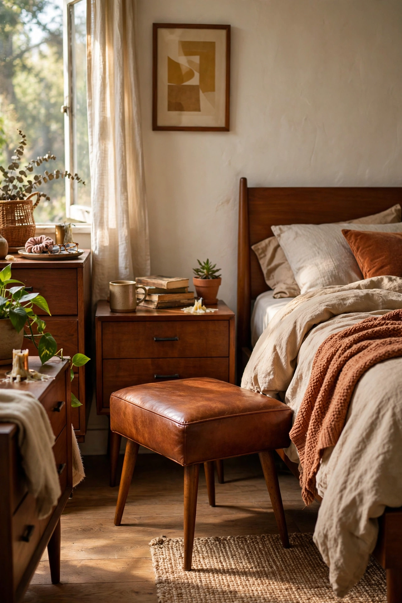 Cognac faux leather stool beside a bed