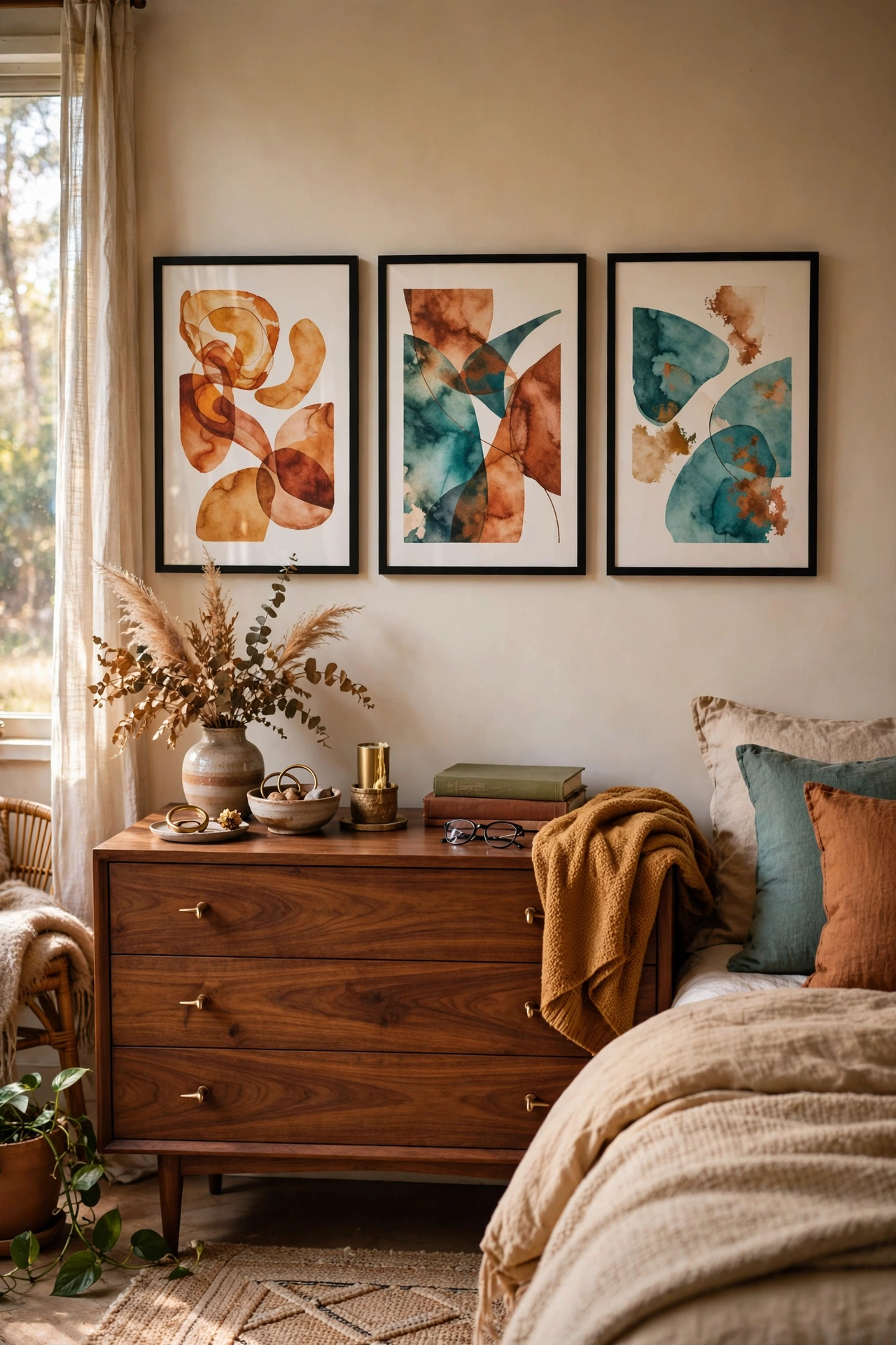 Abstract art prints in slim frames above dresser