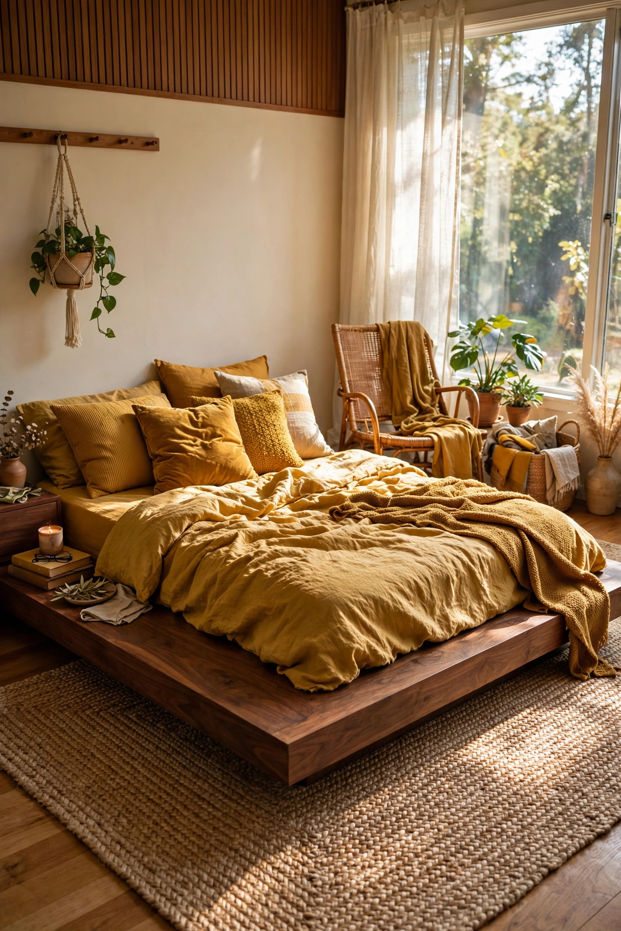 Woven jute rug under a mid-century bed