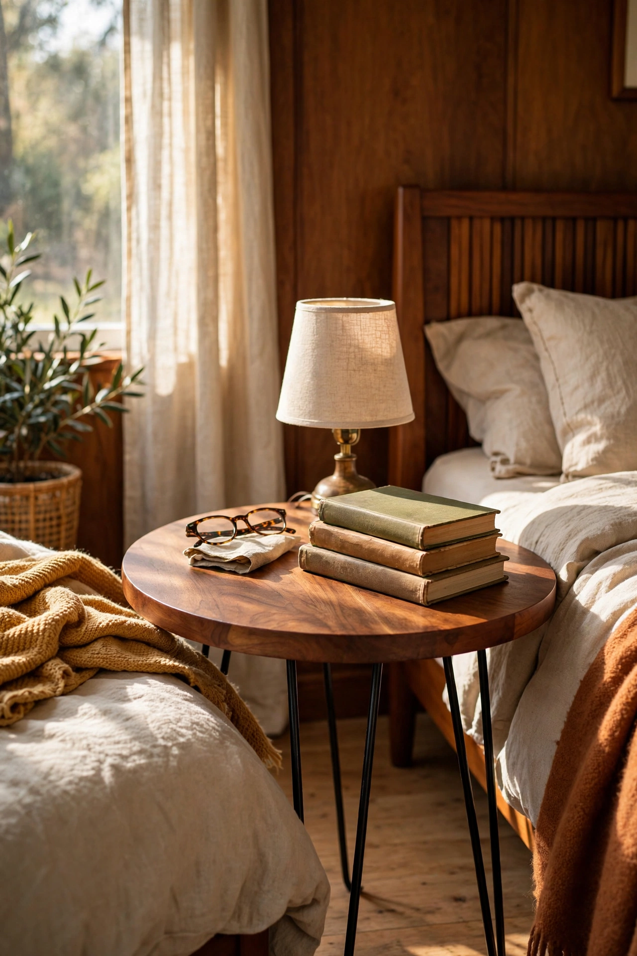 Round side table with hairpin legs in bedroom