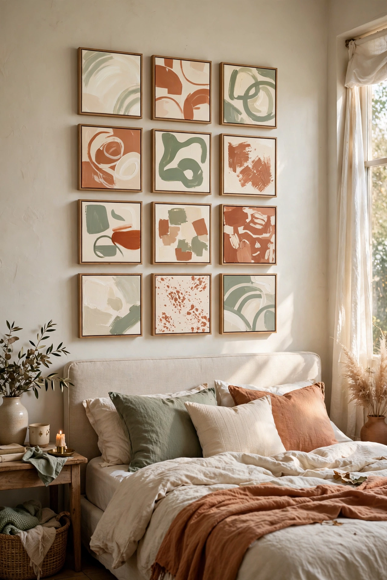 Grid of small DIY painted canvases above bed
