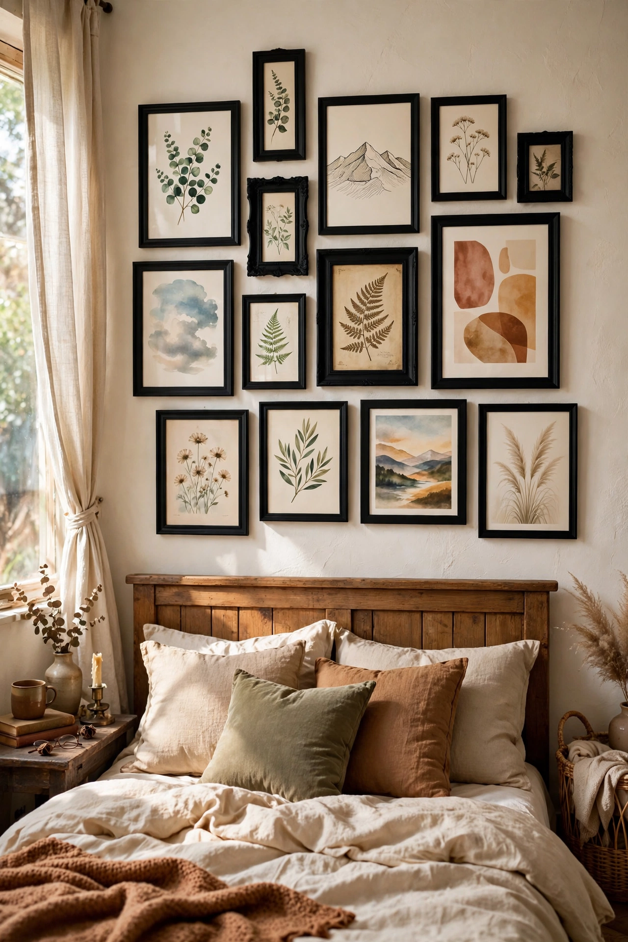 Salon wall of mismatched thrifted frames above bed