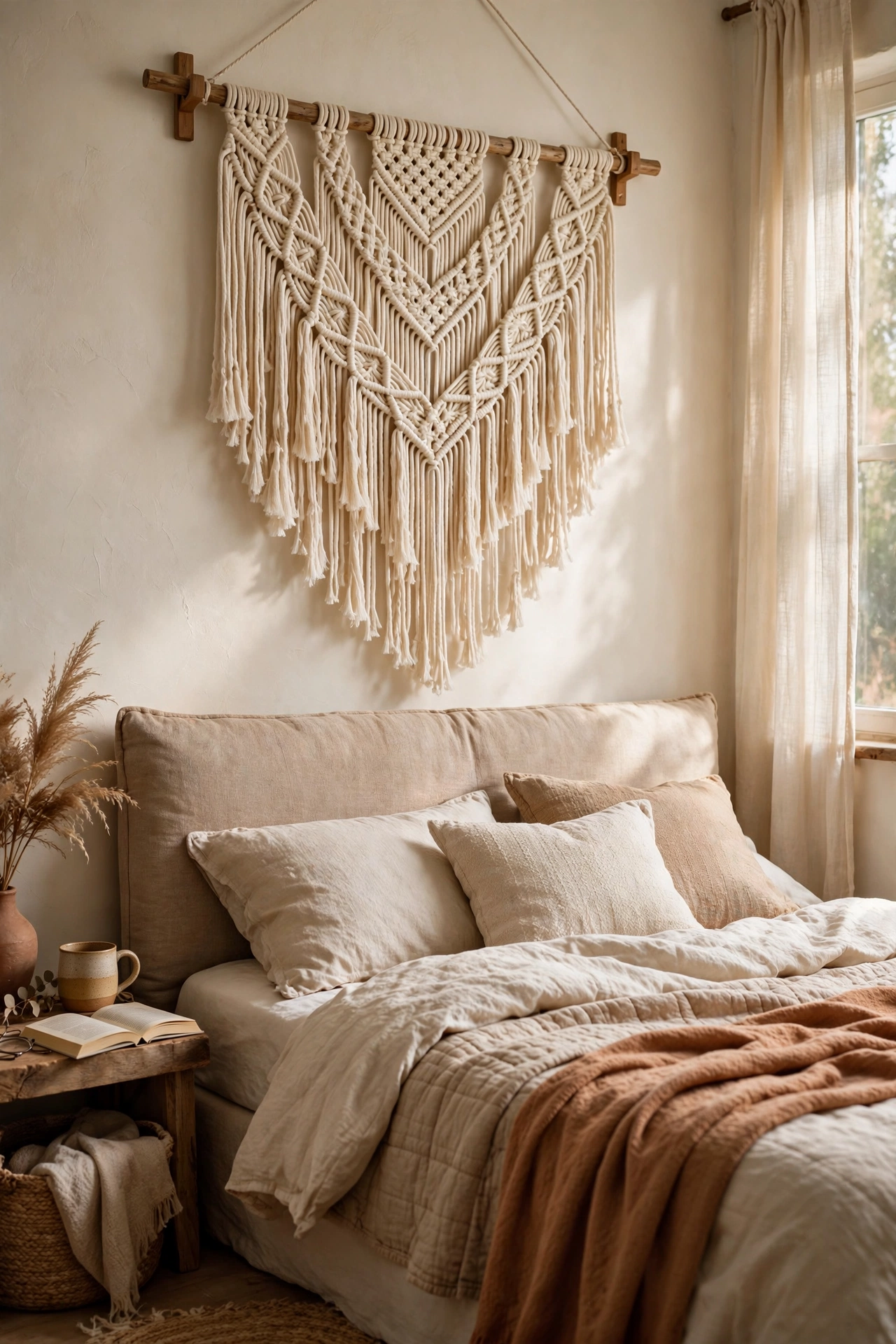 Macrame wall hanging above a bed headboard