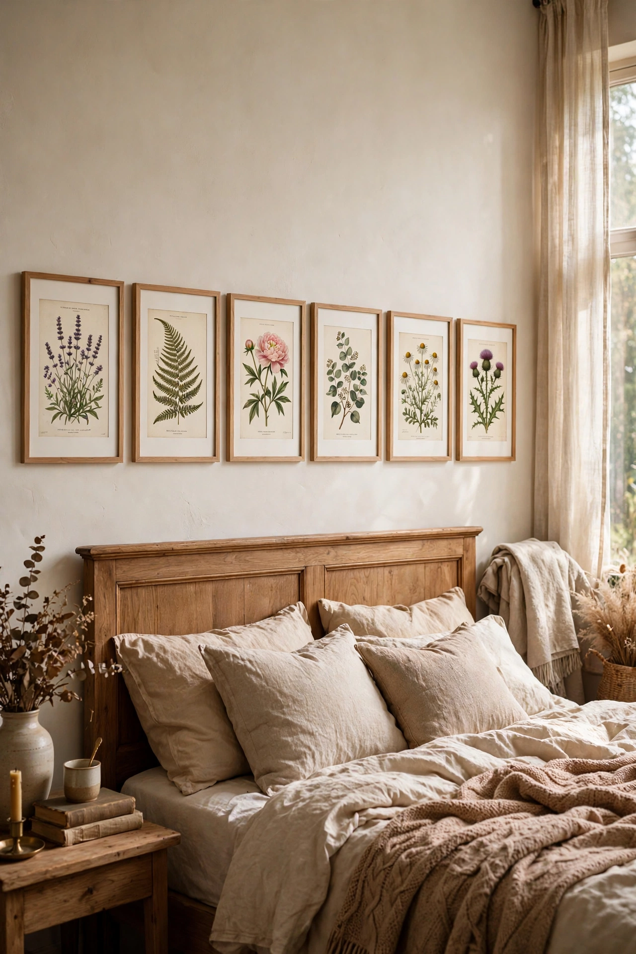Framed vintage botanical book pages above bed