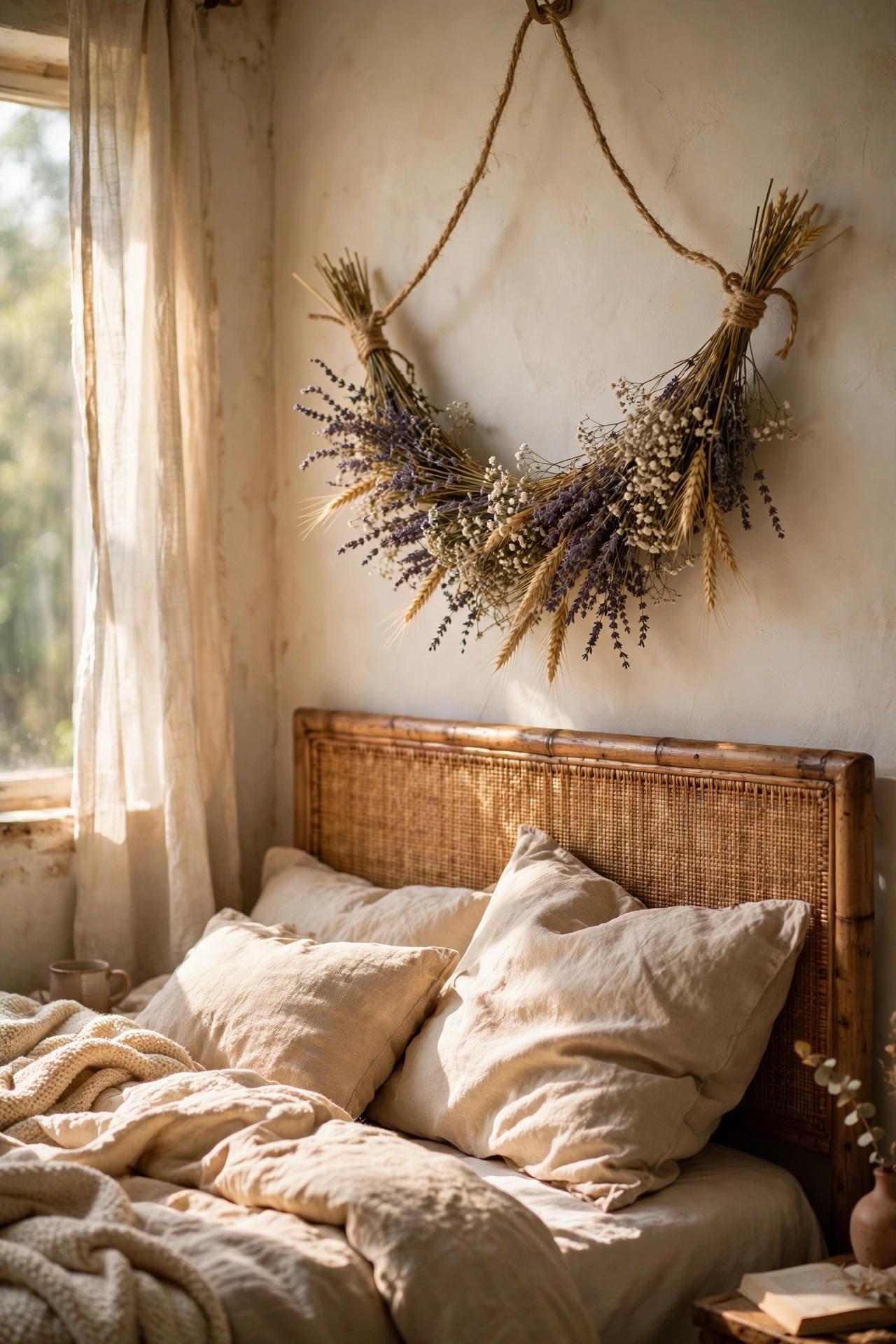 Dried flower garland swag above bed