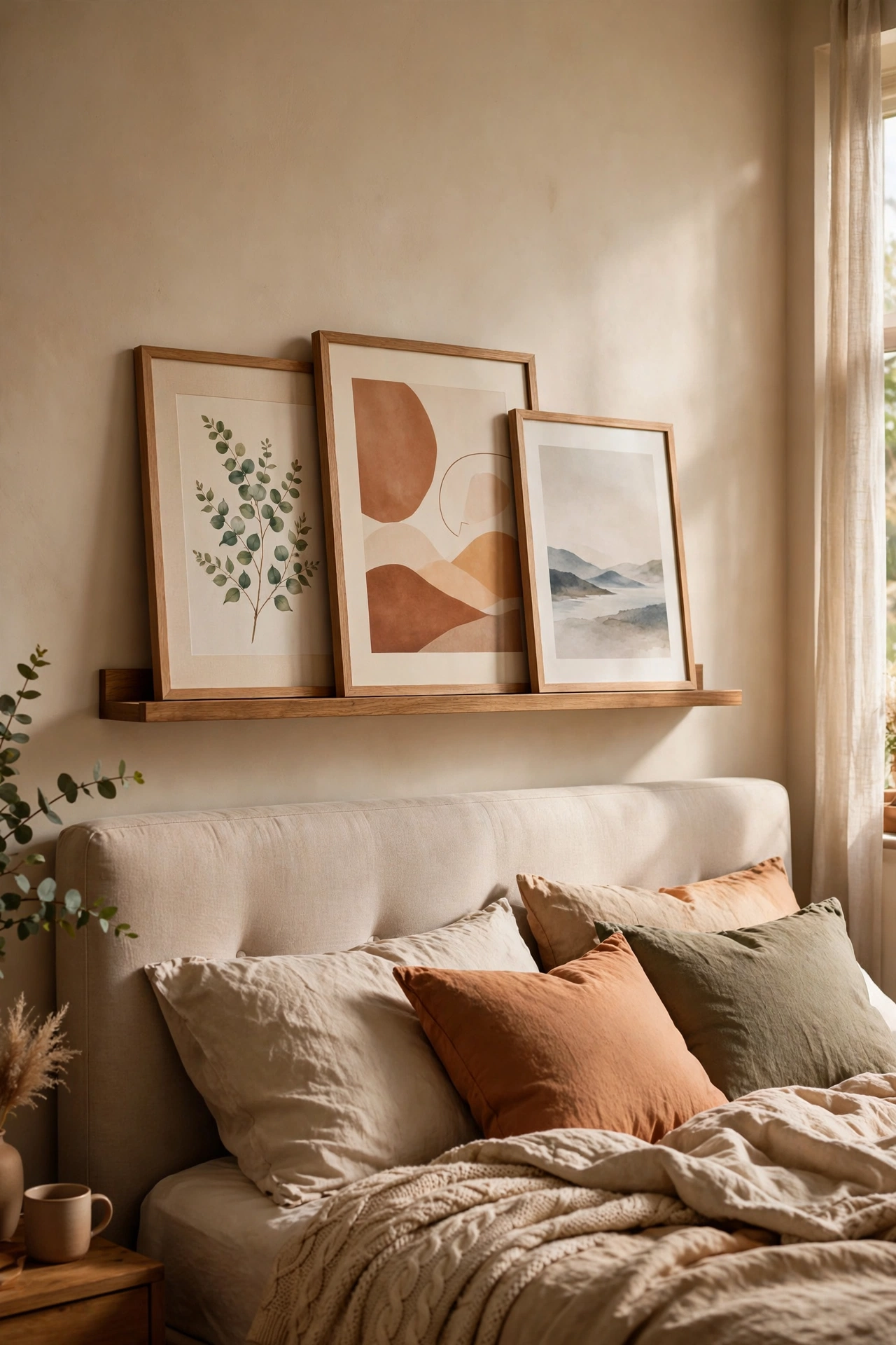 Floating picture ledge with leaning art above bed