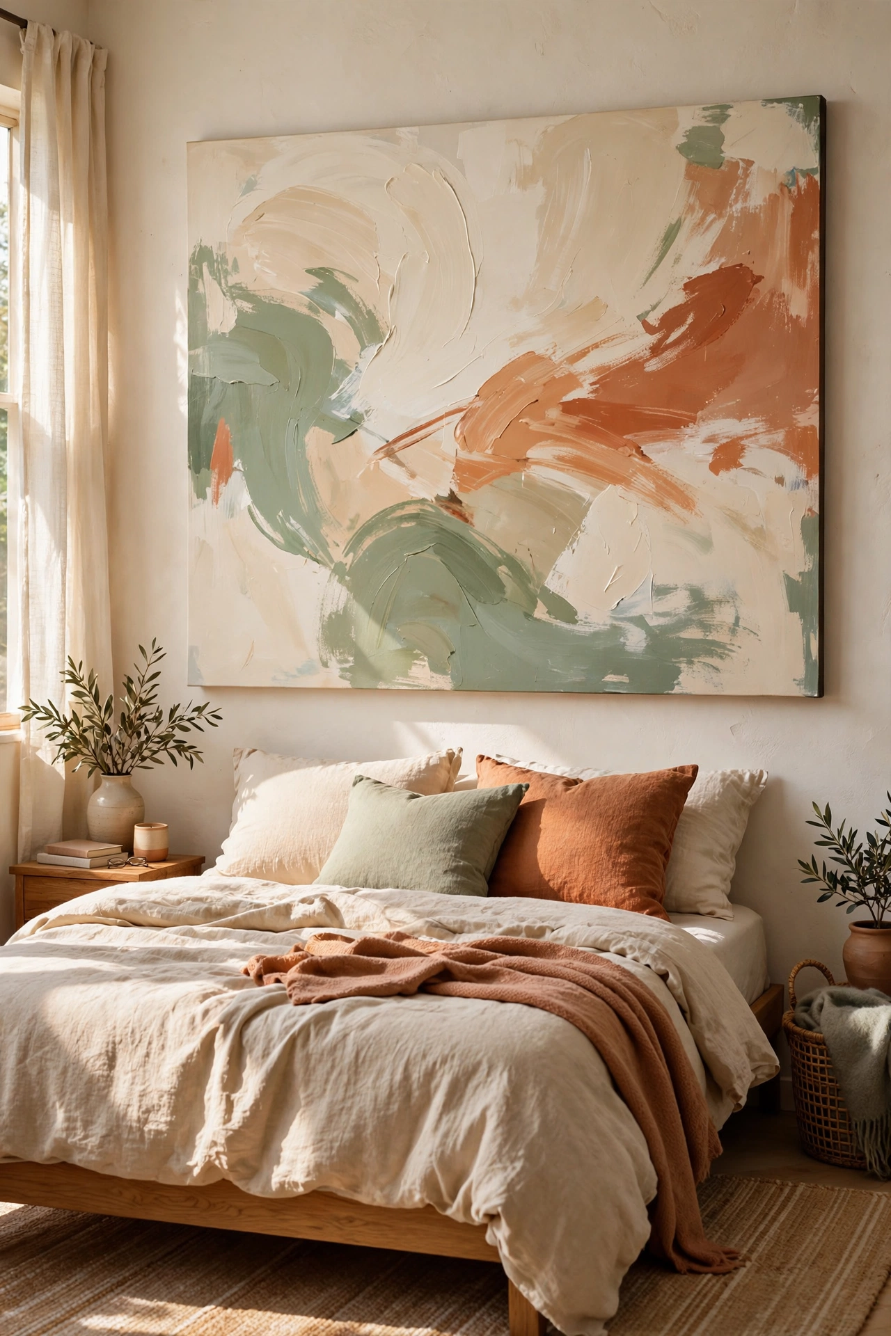 Large DIY abstract canvas above bed