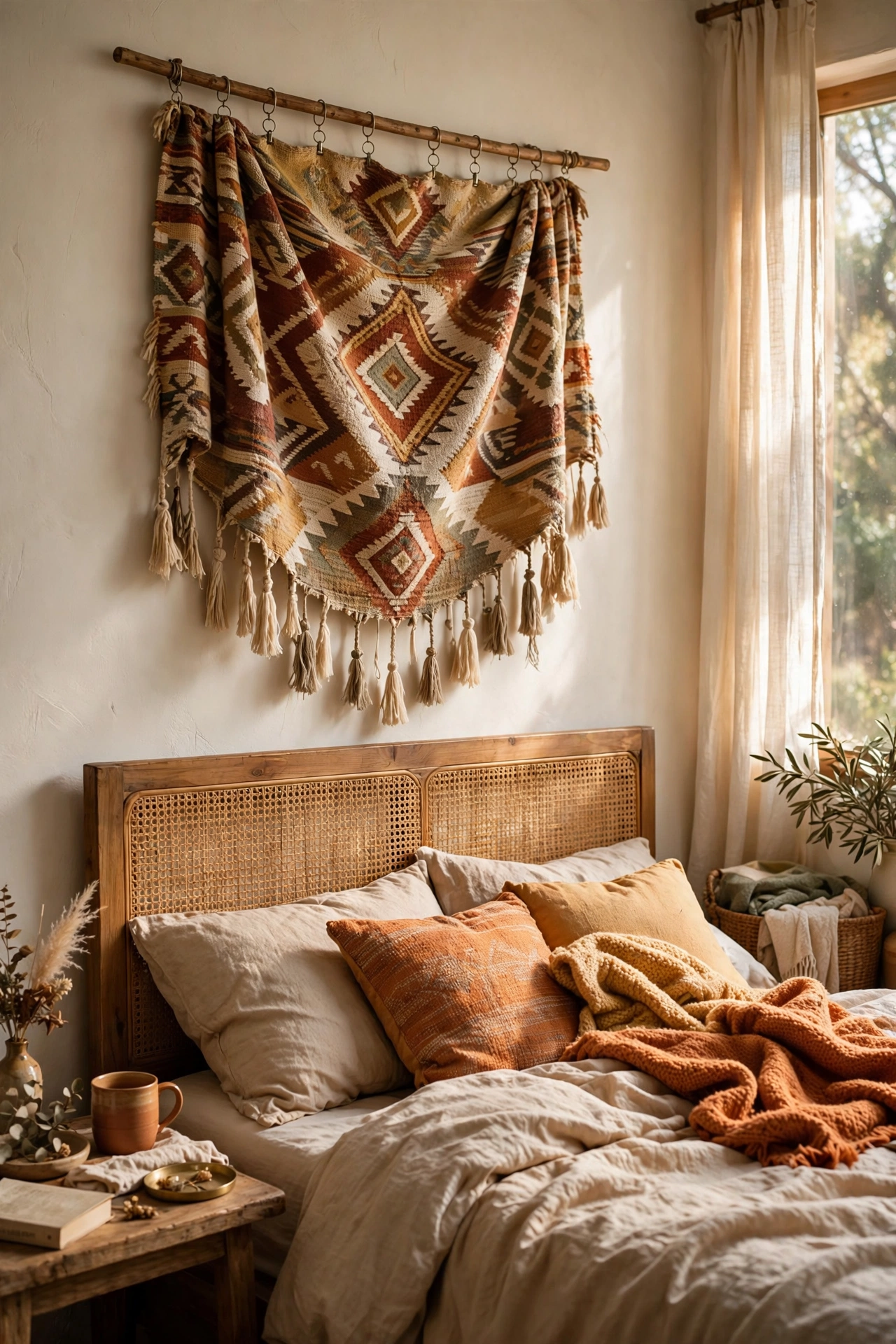 Fabric wall hanging on wooden dowel above bed