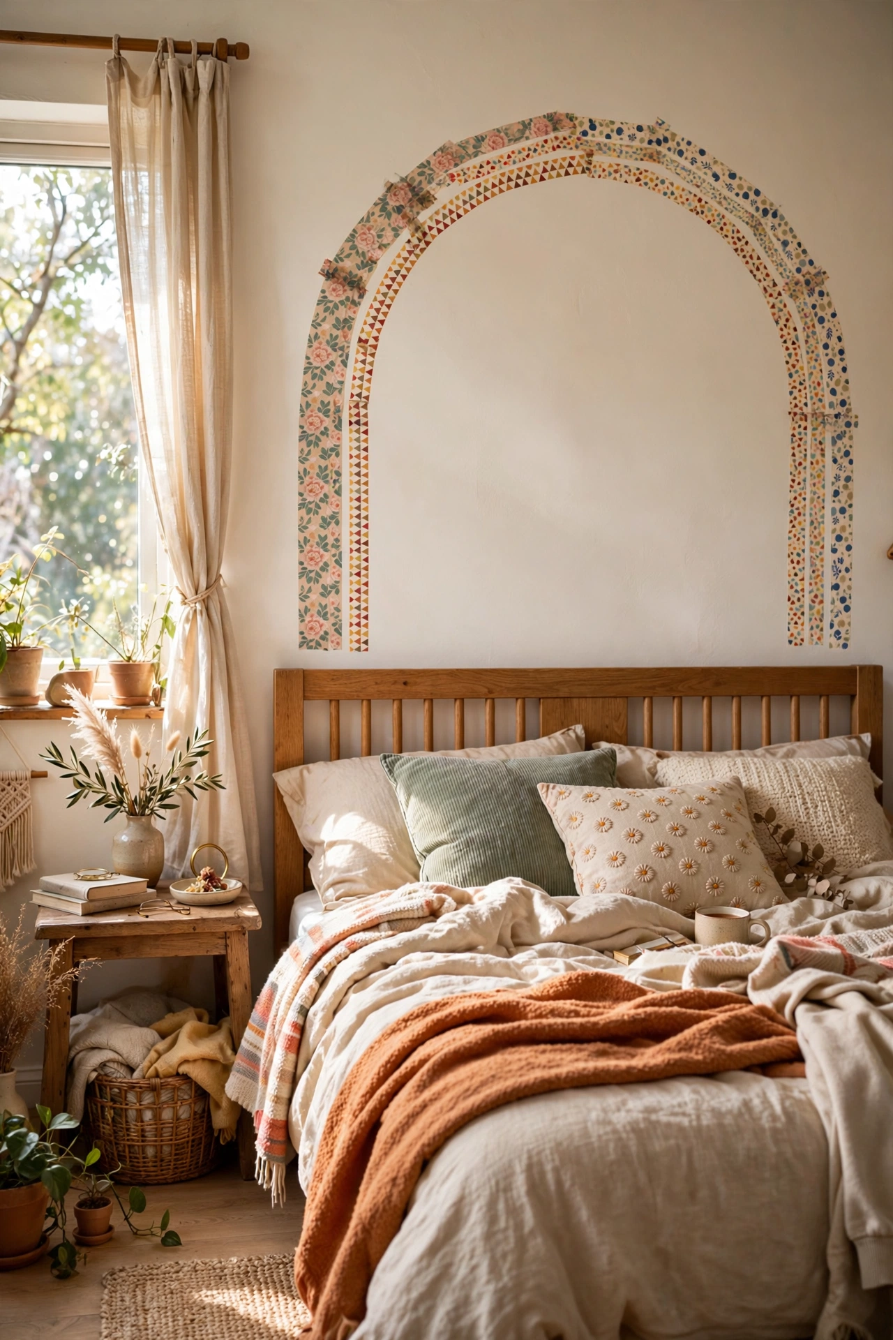 Washi tape arch frame drawn on wall above bed