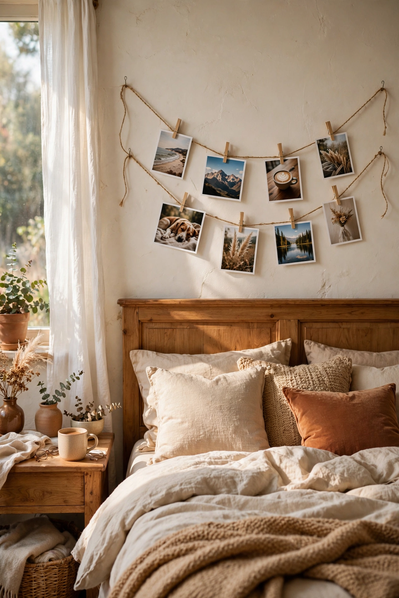 Photo clothesline with clothespins above bed