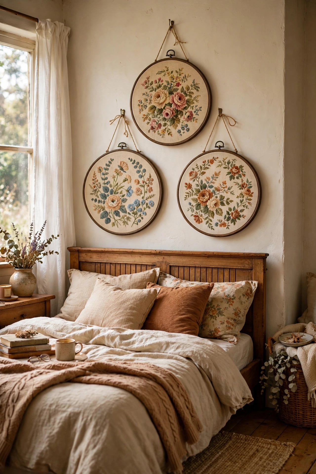 Floral fabric in embroidery hoops above bed