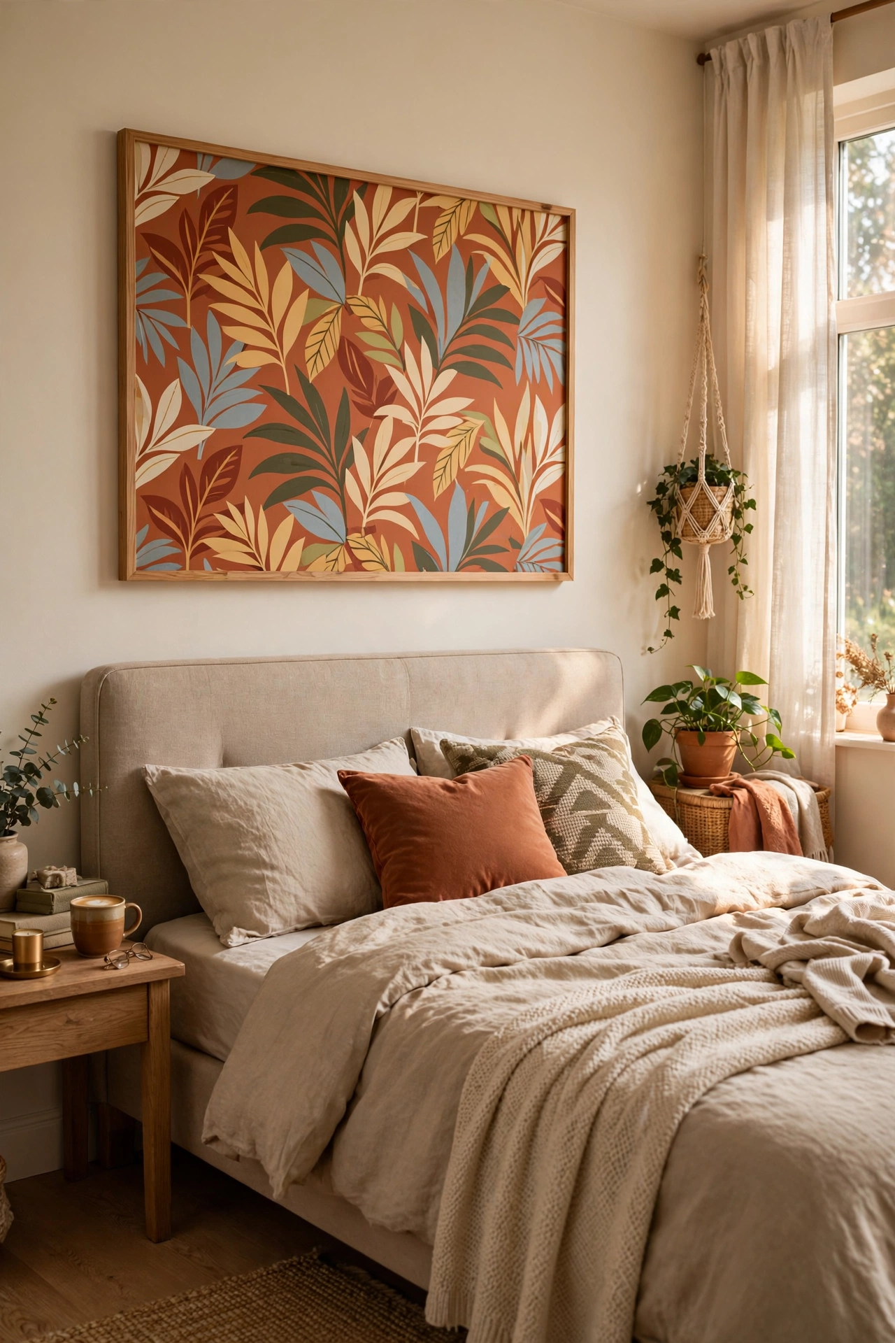 Framed peel-and-stick wallpaper panel above bed